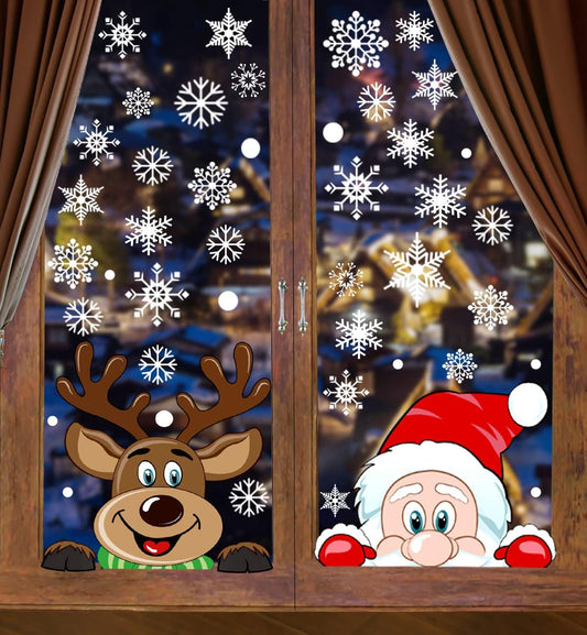 VEYLIN 6 Sheets 300 Pcs Christmas Window Clings, Snowflake Reindeer Santa Claus Window Stickers for Christmas Window Descoration