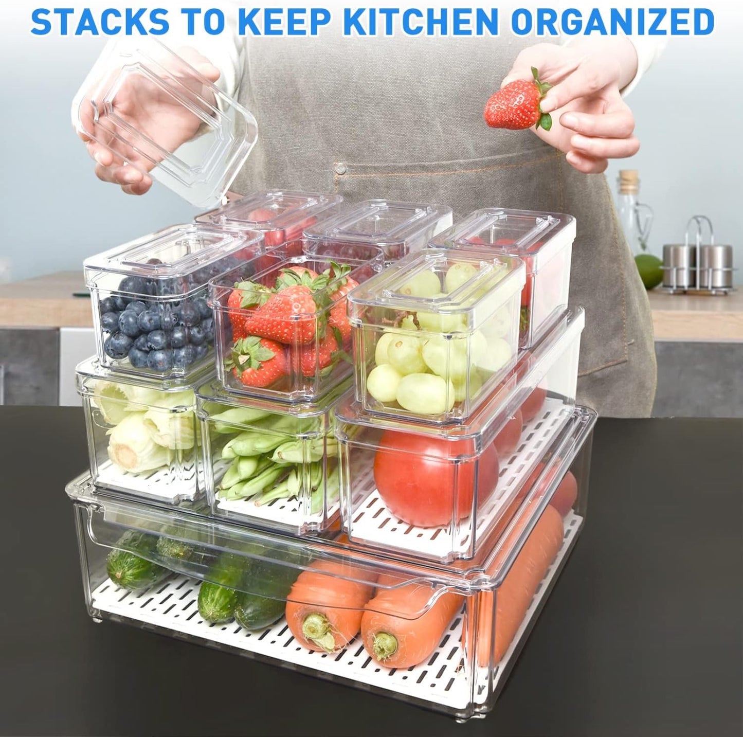 Pomeat 10 Pack Fridge Organizer, Stackable Refrigerator Bins with Lids, BPA-Free Produce Fruit Storage Containers for Fridge, Clear for Food, Drinks, Vegetable