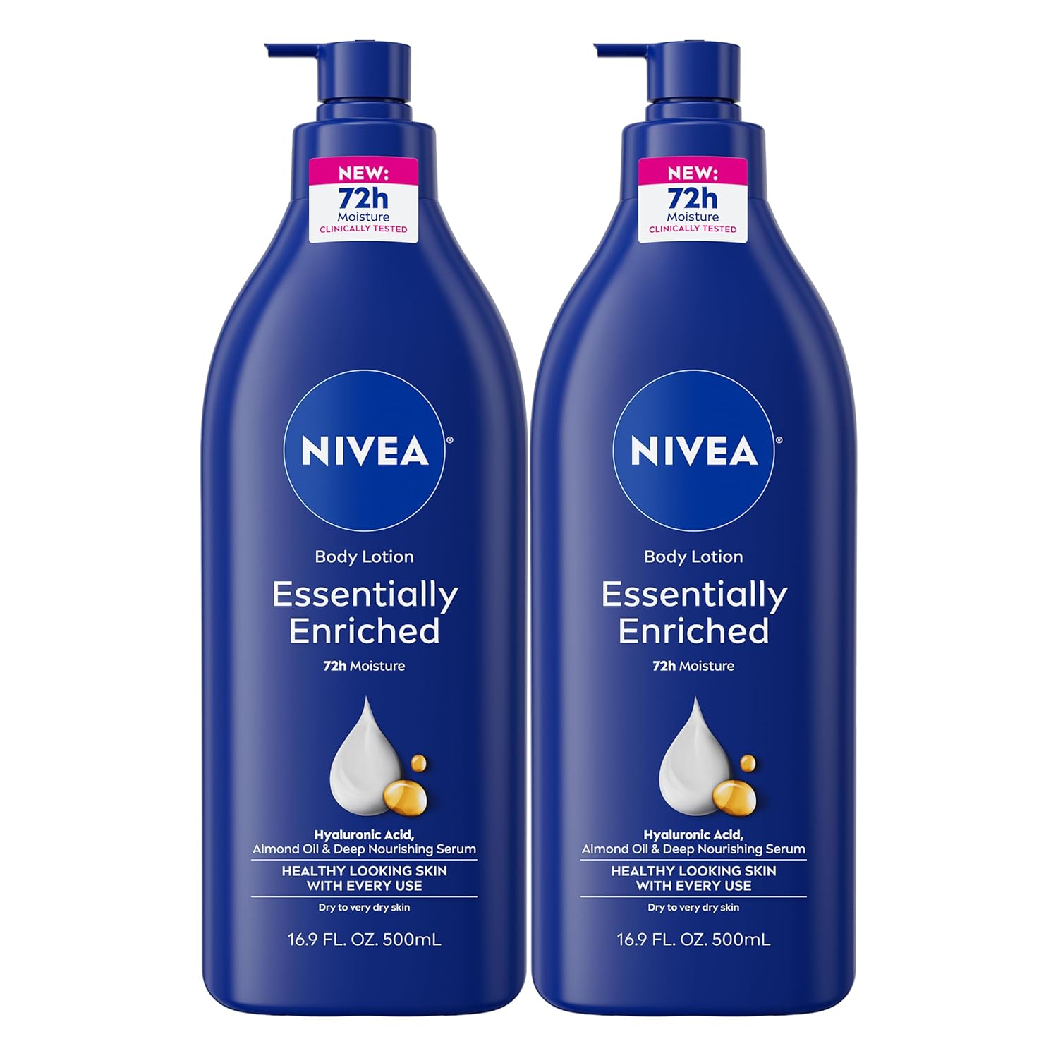 NIVEA Essentially Enriched Body Lotion for Very Dry Skin with Hyaluronic Acid, Almond Oil and Deep Nourishing Serum, 72-Hour Body Moisturizer, 16.9 Fl Oz Pump Bottle, Pack of 2