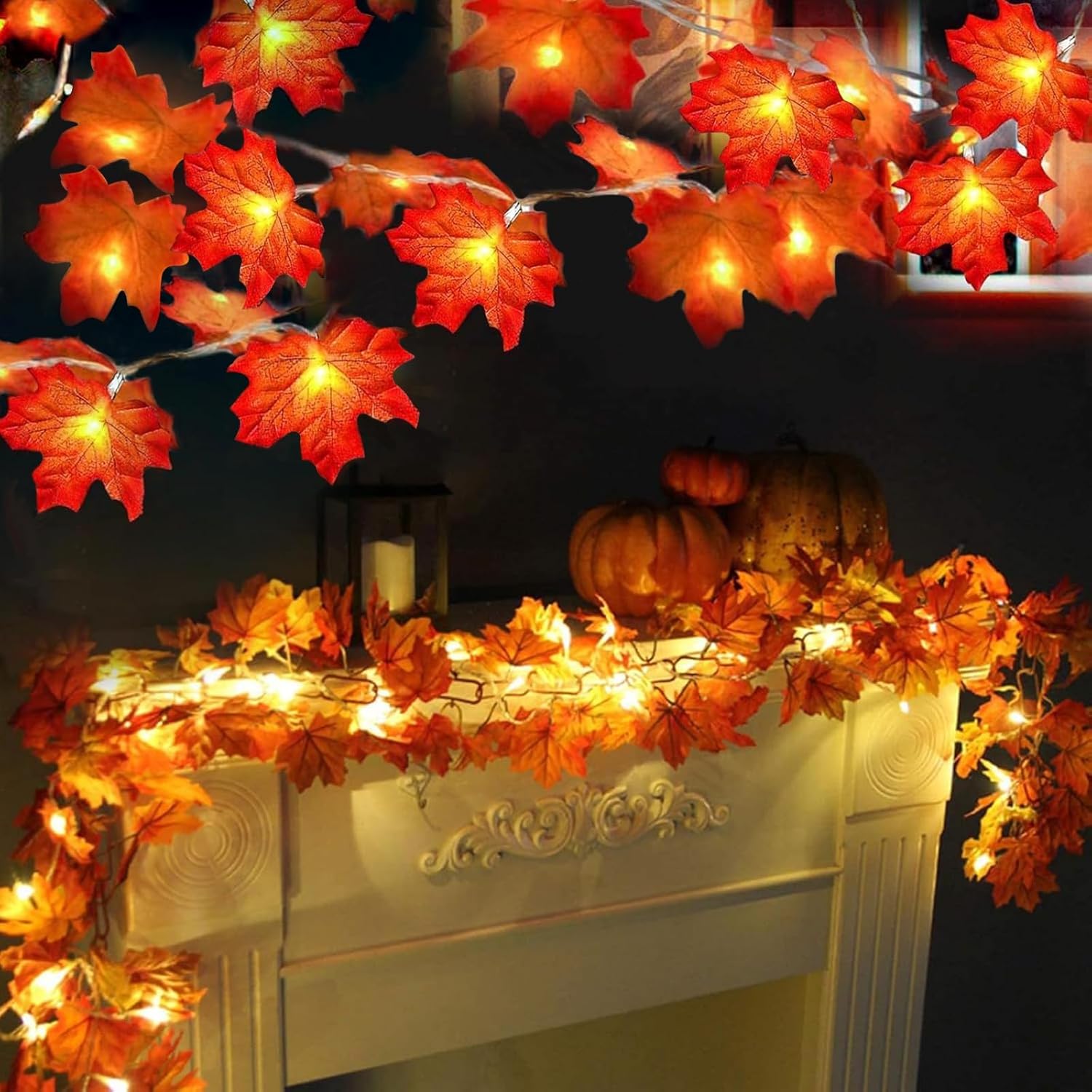 TURNMEON 2 Pack Fall Decor Enlarged Maples Leafed Lights Total 20Ft 40LED Thanksgiving Halloween Fall Decorations for Home,Battery Operated Autumn Garland Waterproof Indoor Outdoor Holiday Christmas