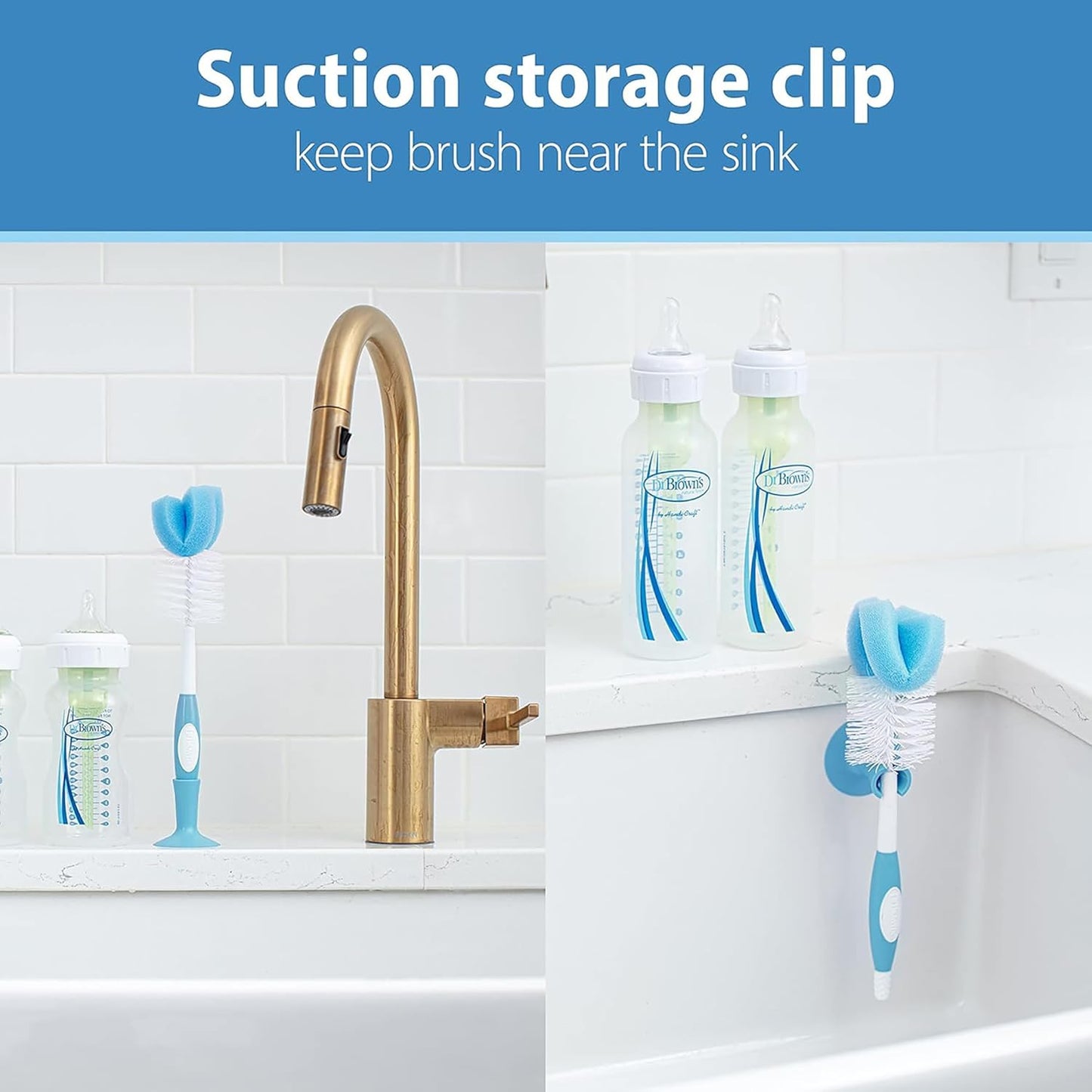 Dr. Brown's Reusable Sponge Baby Bottle Cleaning Brush with Suction Cup Stand, Scrubber and Nipple Cleaner, Blue, 3-Pack