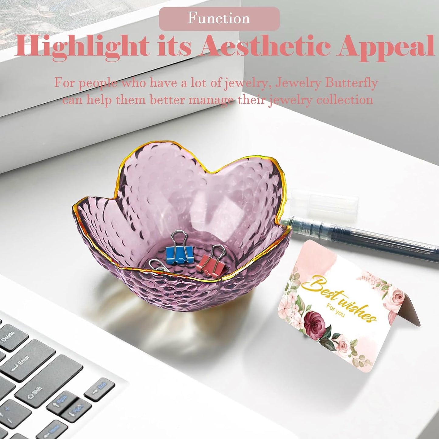 Purple Flower Jewelry Dish Glass Ring Holder Dish Jewelry Tray Cute Vanity Organizer Aesthetic Nightstand Bathroom Room Decor Trinket Dish Valentine's Friendship Christmas Birthday Gifts for Women