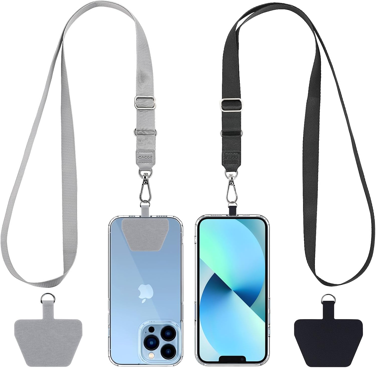 CACOE Phone Lanyard 2 Pack-2× Adjustable Neck Strap,2× Phone Patches,Universal Cell Phone Multifuctional Patch Lanyards Compatible with Most Smartphones(Black+Gray)