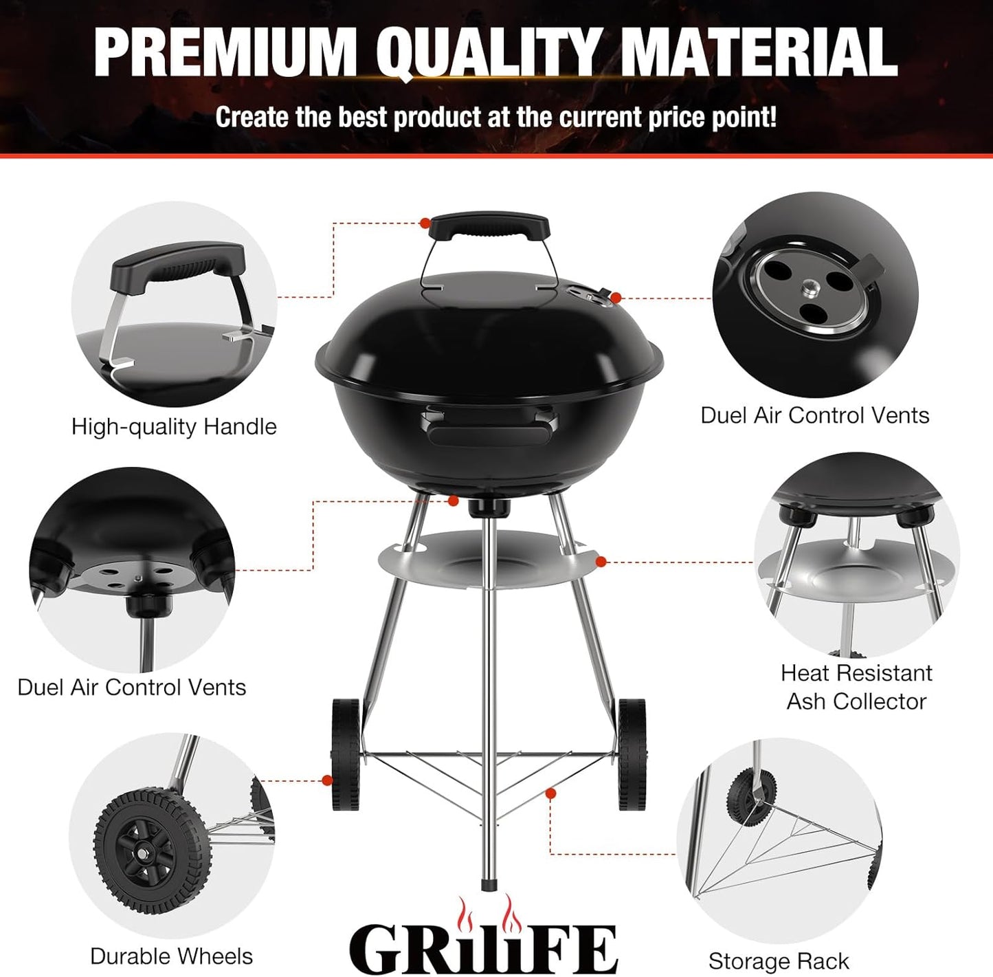 18 inch Charcoal Grill, Portable Kettle BBQ Grills, Perfect BBQ Gift, Durable & Easy to Assemble, Round Barbecue Grill with Wheels and Lid for Outdoor Cooking, Patio and Beach, Black