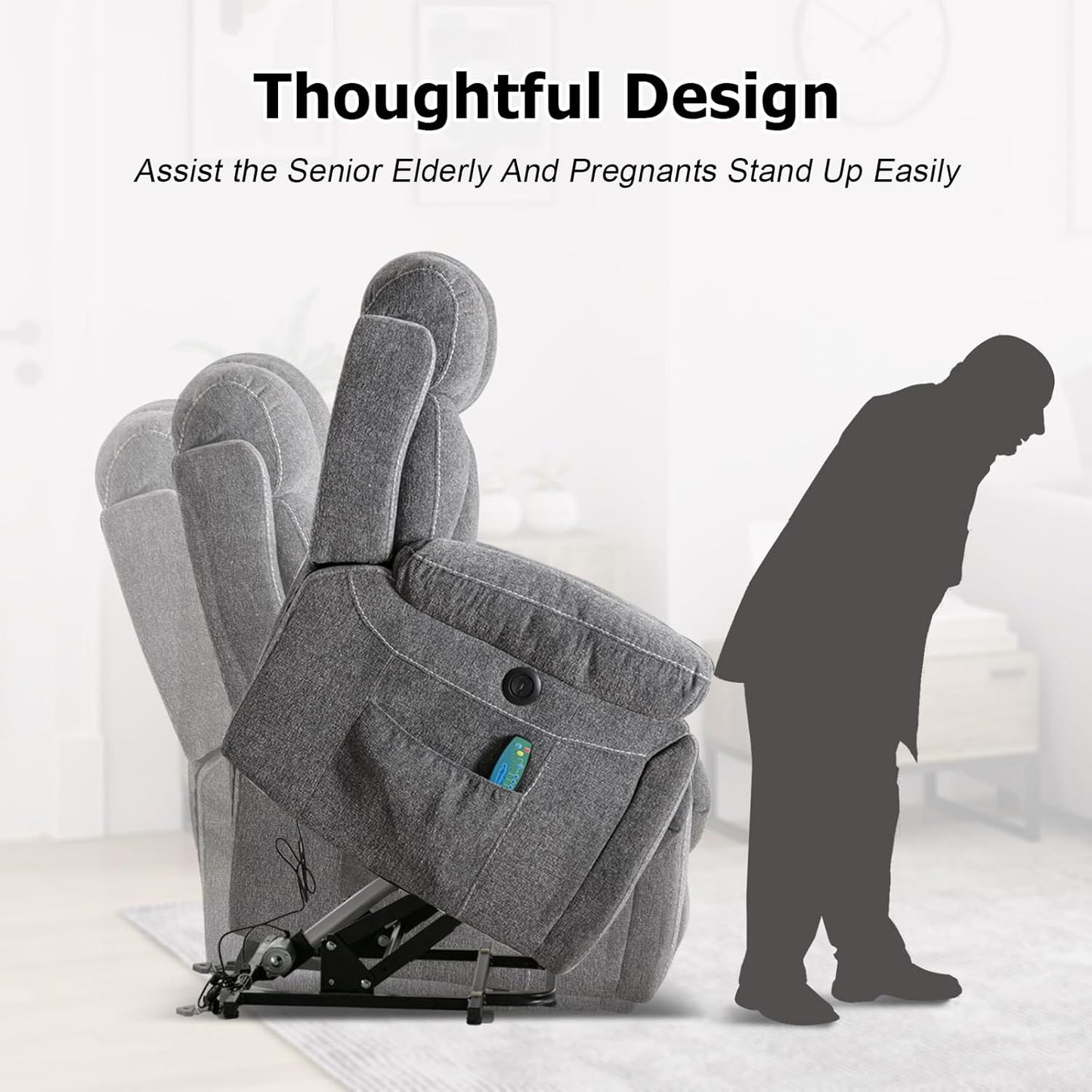 Phoenix Home Large Power Lift Recliner Chair with Massage and Heat for Elderly, Overstuffed Wide Recliners with 2 Cup Holders, Side Pocket and USB Port, Dark Gray