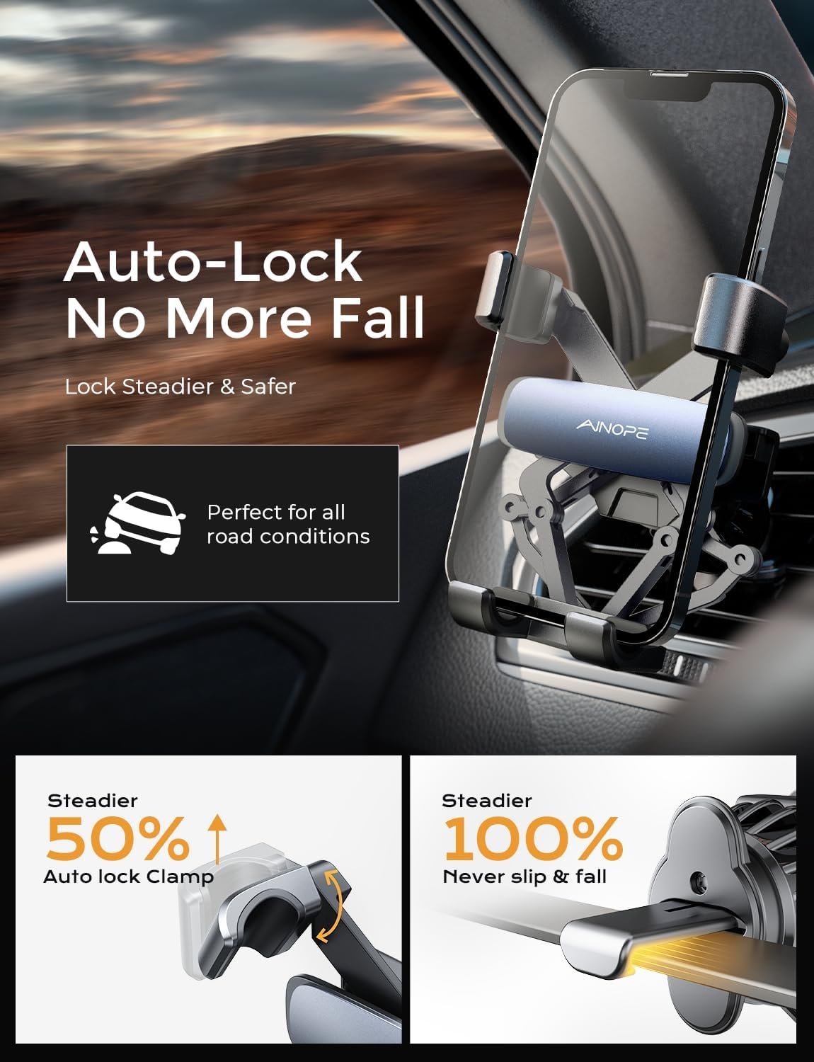 AINOPE for iPhone 17 Pro Max Car Mount Phone Holders for Your Car Slide Design Air Vent Phone Mount [Top Clamp] Cell Phone Holder Car Interior Accessories for iPhone Air 17 Pro Max 16 Samsung S25