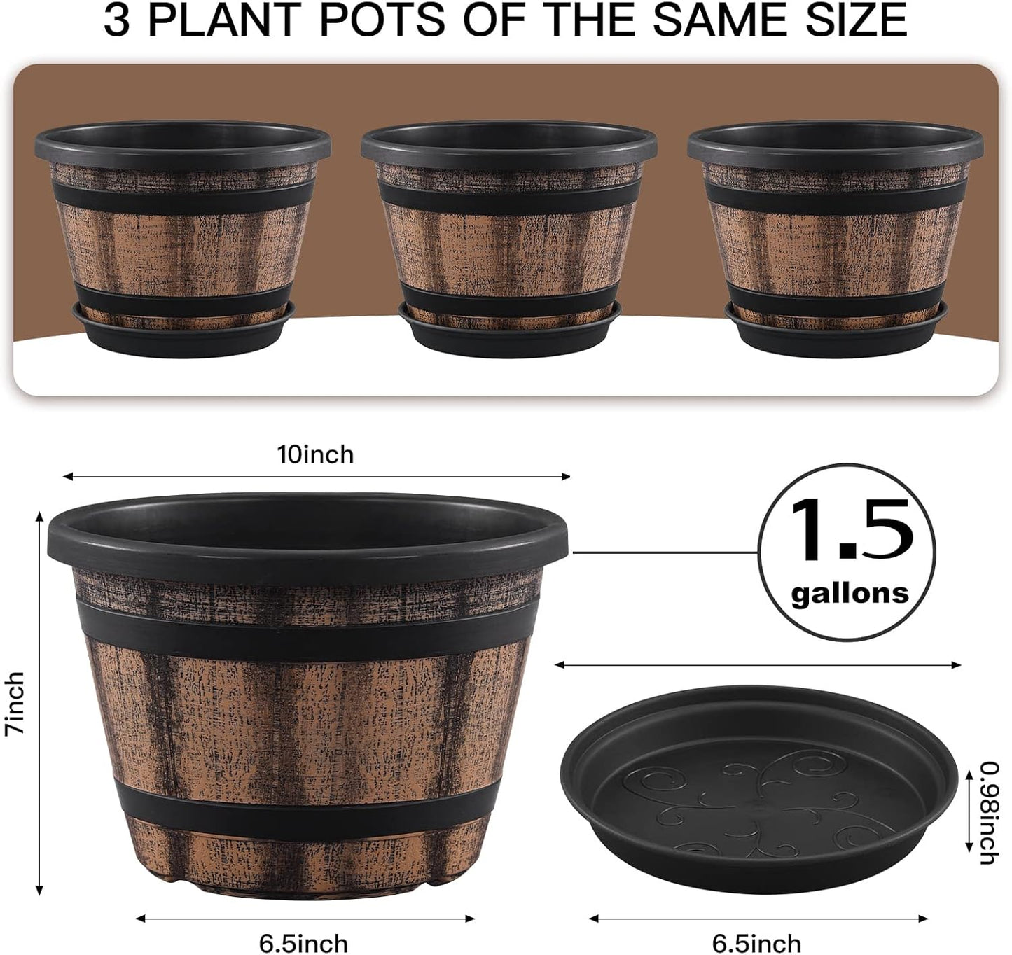 Quarut 3 Pack 10 inch Plant Pots,Whiskey Barrel Planters with Drainage Holes & Saucer, Plastic Decoration Flower Pots Imitation Wine Barrel Design, for Indoor & Outdoor Garden Home Plants (Brown)