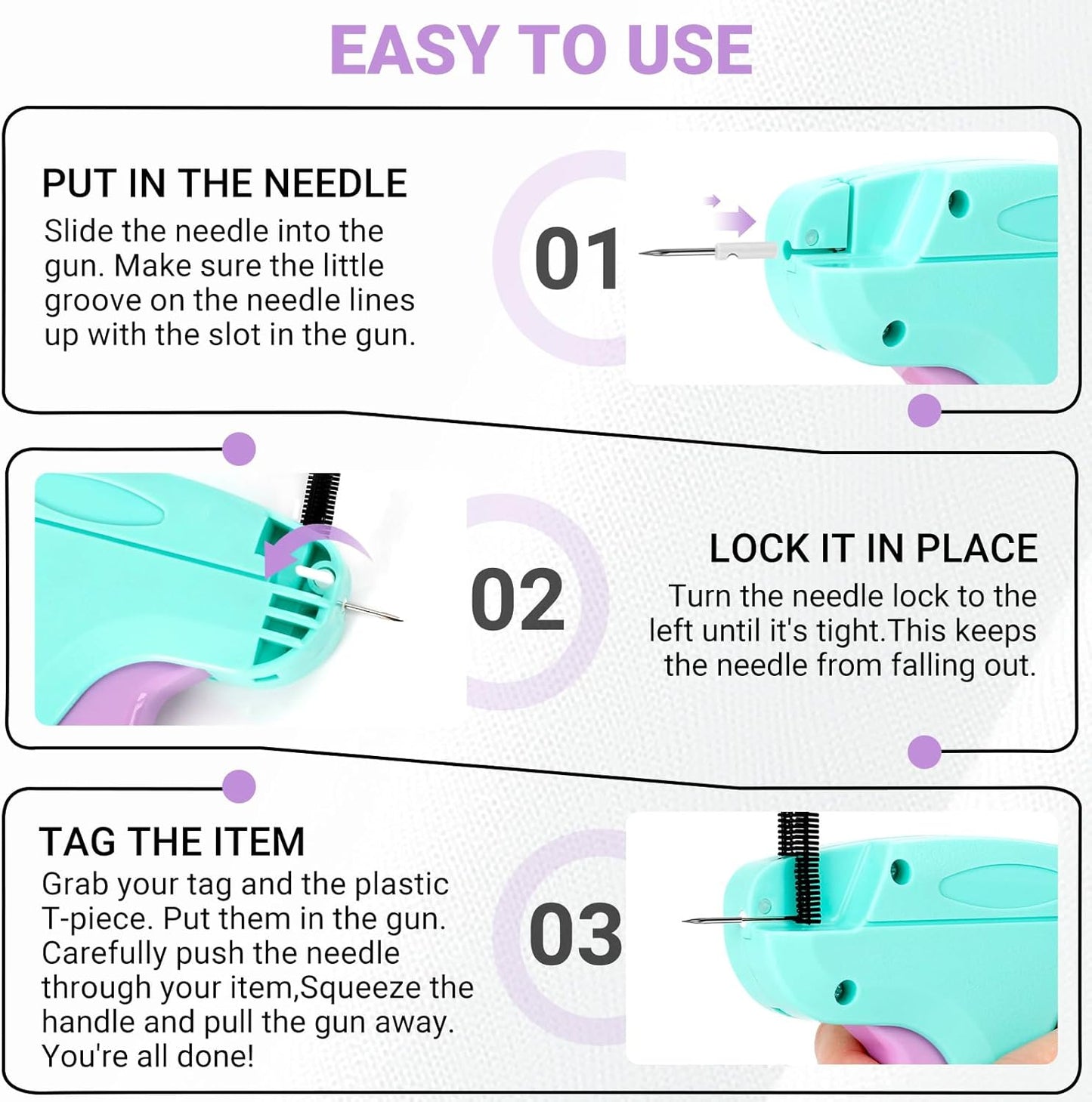 Stitch Gun for Clothes - Handheld Quick Clothing Fixer - Tagging Gun for Clothing, Sewing Kit - Includes 6 Fine Needles, 1000 Black & 1000 White Fasteners (Purple Green)