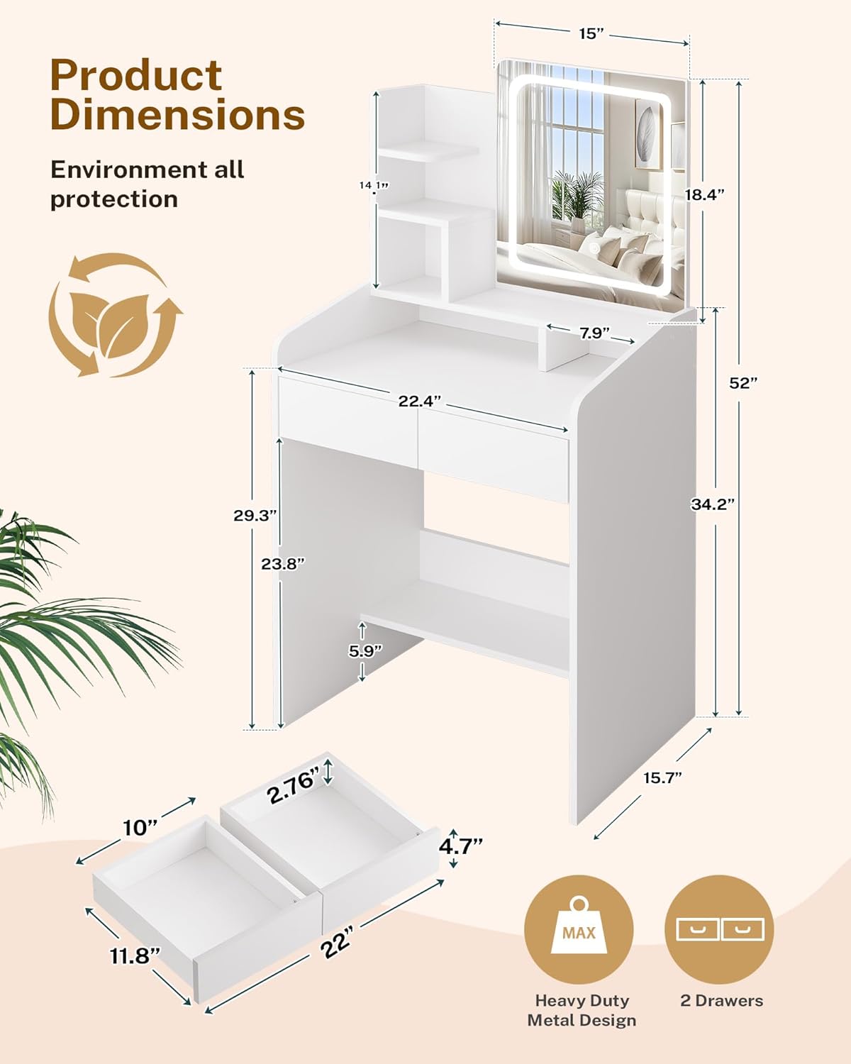 Small Makeup Vanity Desk with Lighted Mirror, White, 23.62" W x 15.74" D x 53.93" H (Smart LED Mirror, Open Shelves, 2 Drawers)