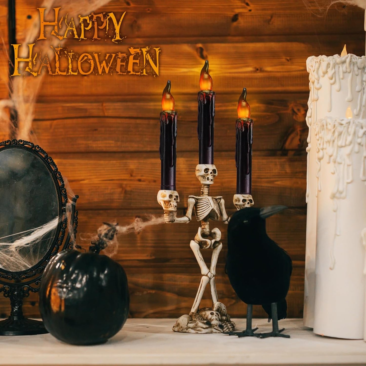 Baquler 6 Pcs Halloween Flameless Candles Real Wax Hand Dipped 6.5 Inch Black Short Taper Candles Battery Operated Rustic LED Candlesticks for Halloween Decoration Fireplace Dinning Table Home Party