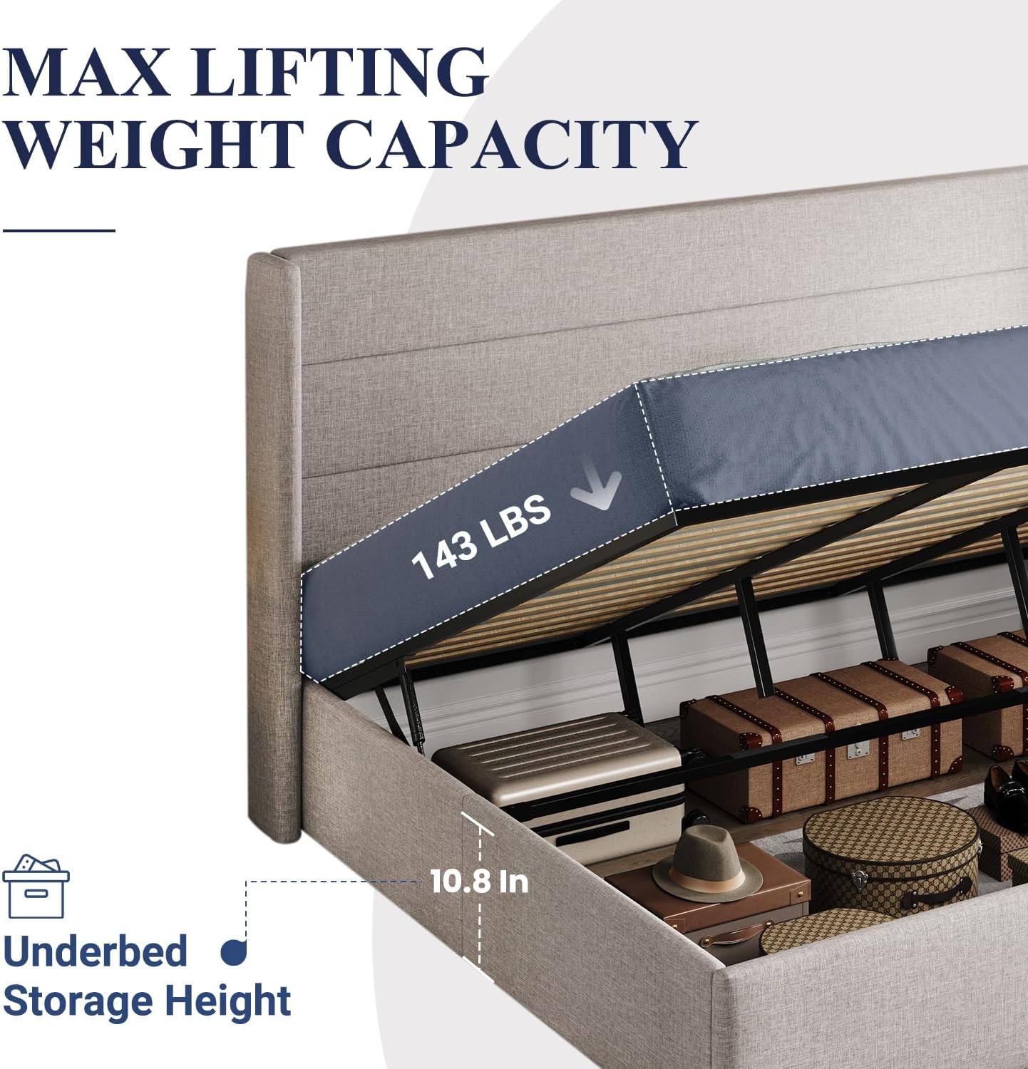 Allewie King Size Lift Up Storage Bed, Modern Wingback Headboard, Hydraulic Support, No Box Spring Needed, Light Beige