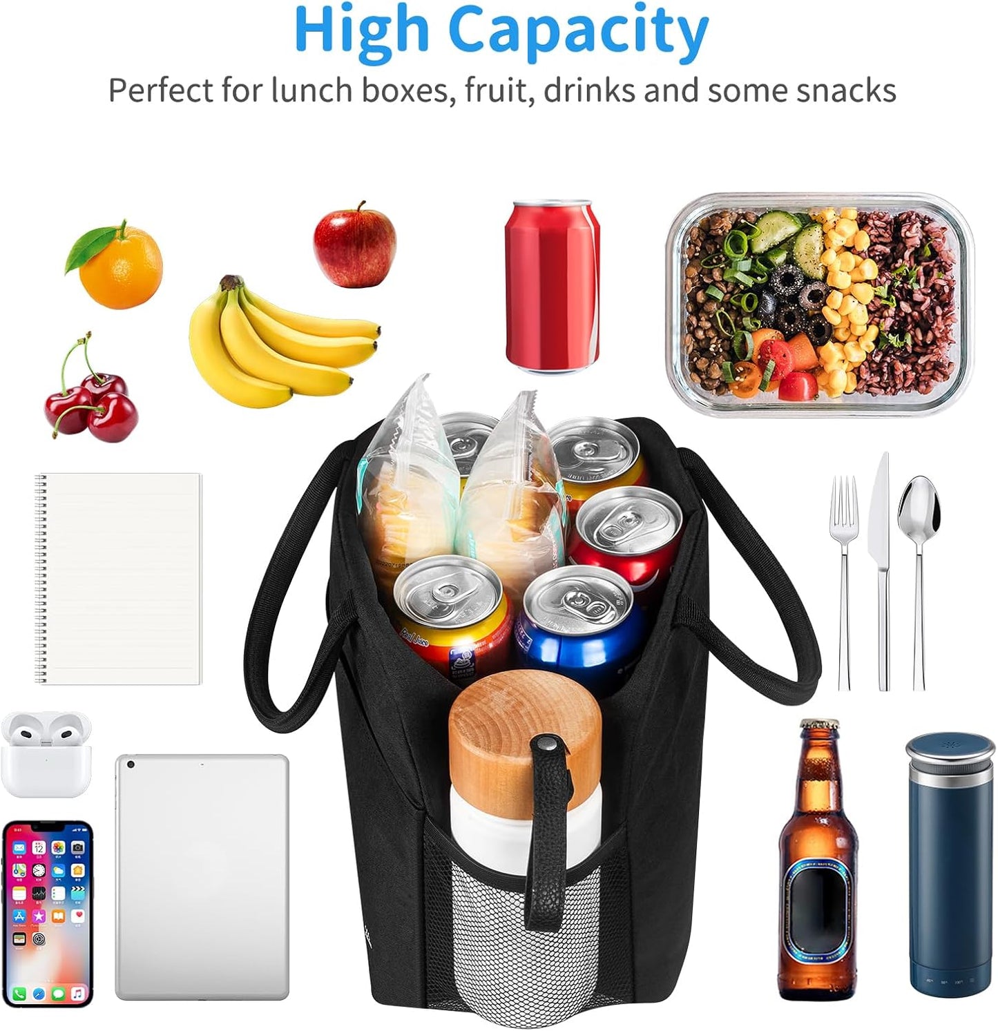 DALINDA Lunch Bag Lunch Box for Women Men Reusable Insulated Lunch Bags,Water-Resistant Cute Cooler Lunch Tote Bag, Large Capacity for Work Travel Picnic,Black