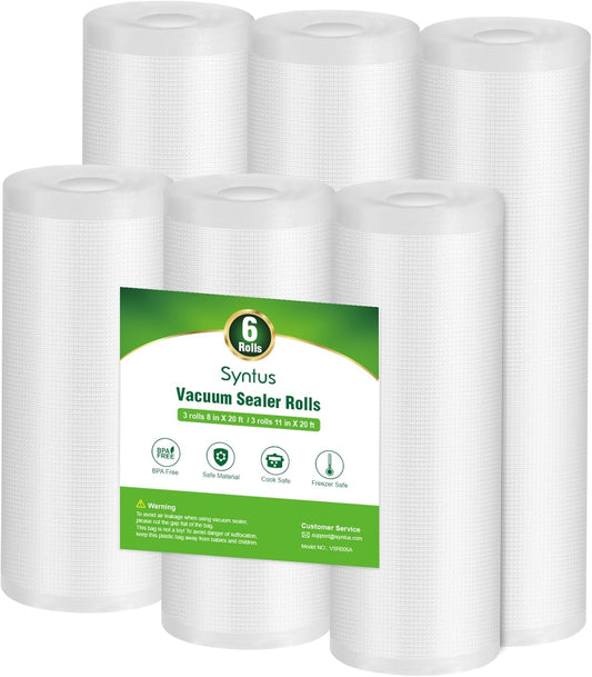 Syntus Vacuum Sealer Bags, 6 Pack 3 Rolls 11" x 20' and 3 Rolls 8" x 20' Commercial Grade BPA Free Bag Rolls, Food Vac Bags for Storage, Meal Prep or Sous Vide
