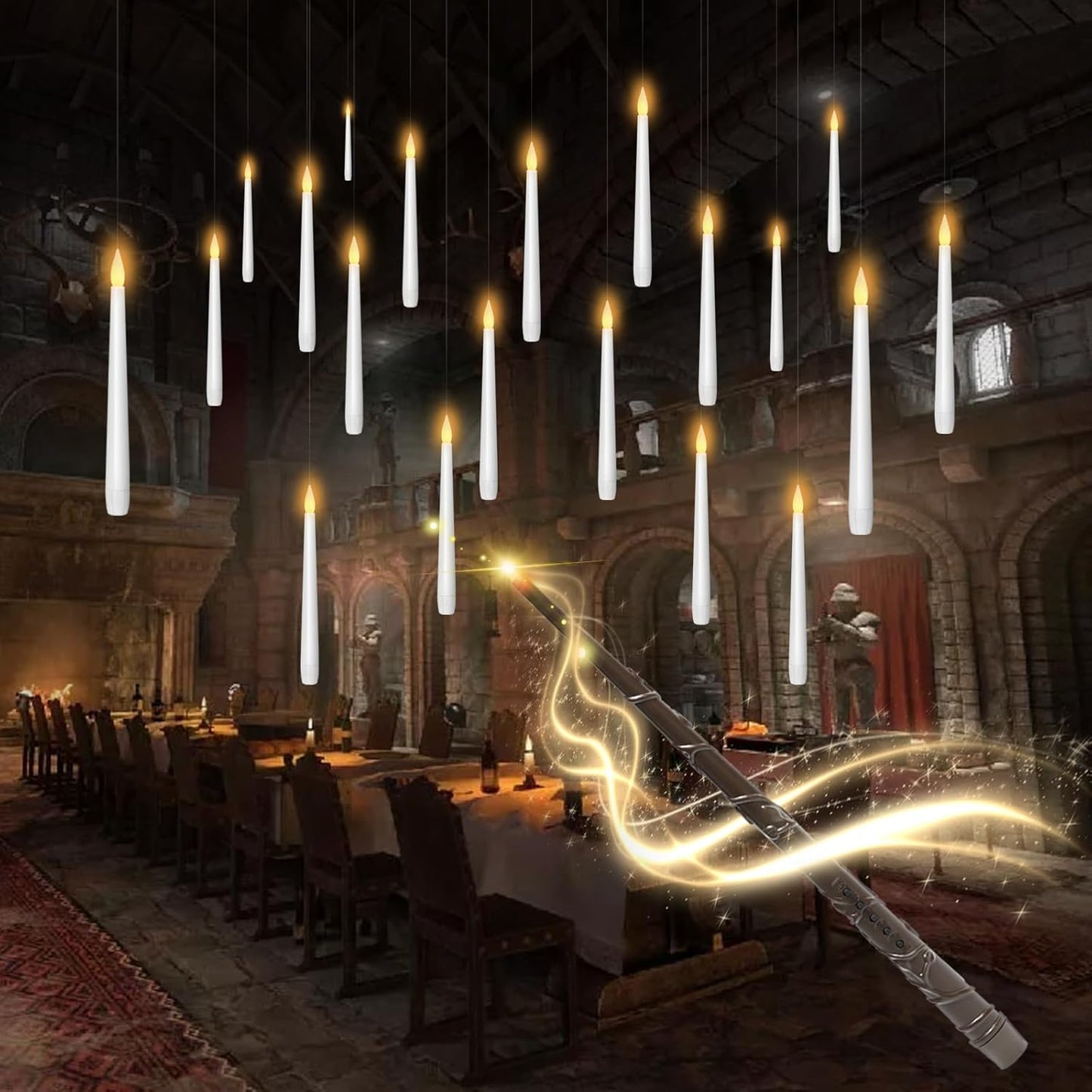 Flameless Floating Candles with Wand，20 Pcs Magic LED Hanging Taper Candles，Flickering Battery Operated Taper Candle with Wand Remote for Halloween Decorations Best Gift（White）