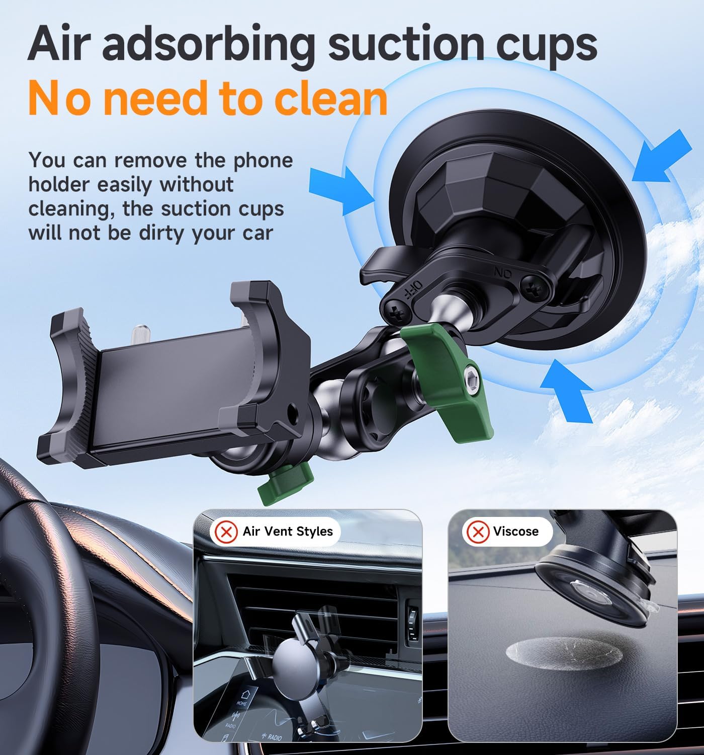 MAGIC JOHN Car Phone Holder, Ultra-Durable Mteal Phone Holders for Your Car, 360° Rotation Cell Phone Car Mount for Windshield, Suction Cup Car Phone Mount for iPhone Samsung All Smartphone