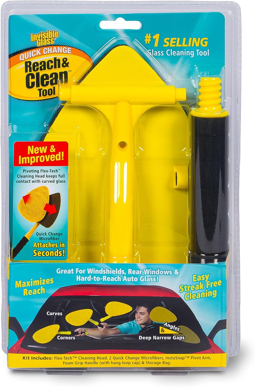 Invisible Glass 95160 Reach & Clean Glass Windshield Cleaner Tool Kit With Extendable Handle, (2) Reusable Quick Change Microfibers, and Storage Bag for Auto Windshield, Trucks, SUVs, RVs, and Windows