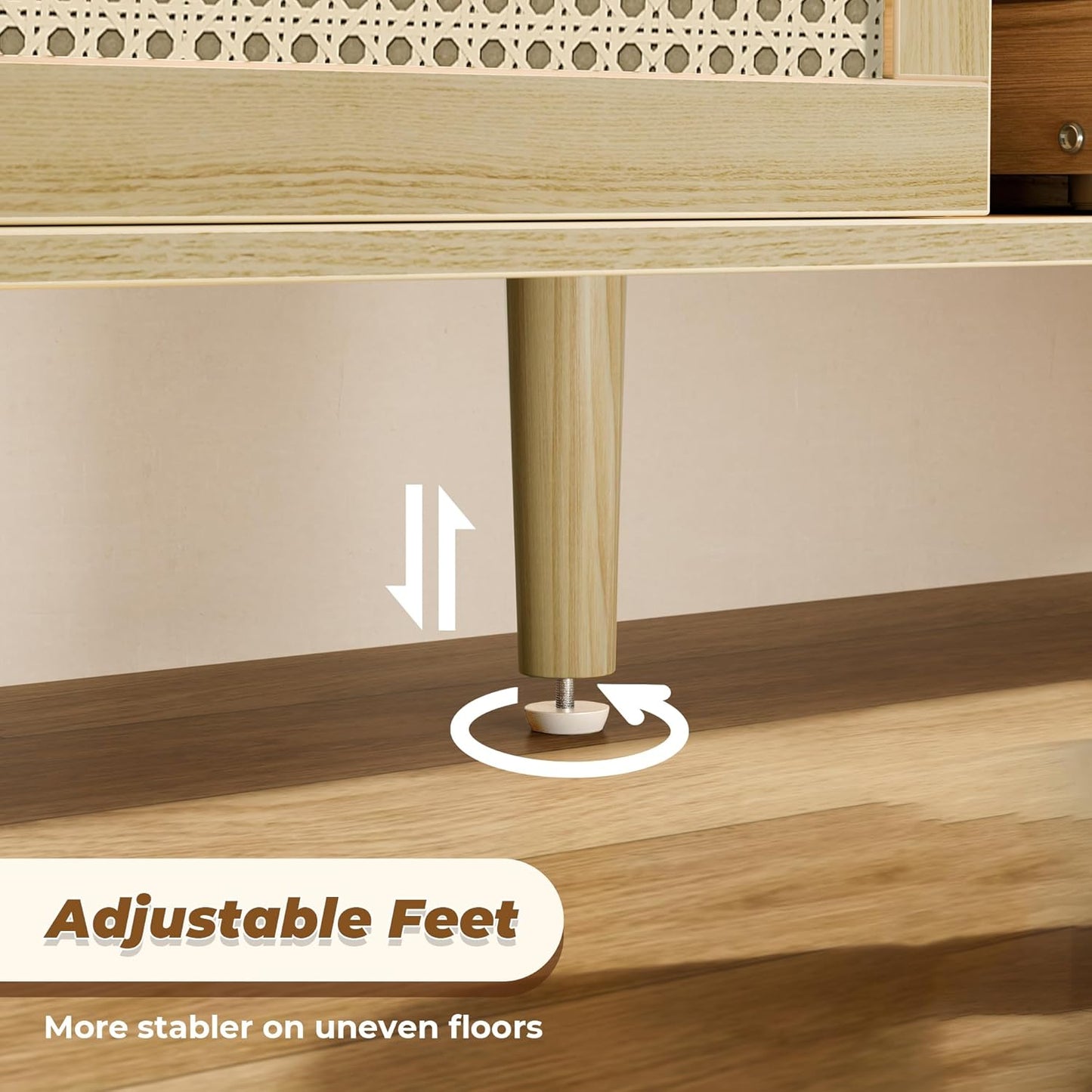 SUPERJARE Boho TV Stand for 65 Inch TV, Entertainment Center with Adjustable Shelf, Rattan TV Console with 2 Cabinets, Media Console, Solid Wood Feet, 4 Cord Holes, for Living Room - Natural, 8782T