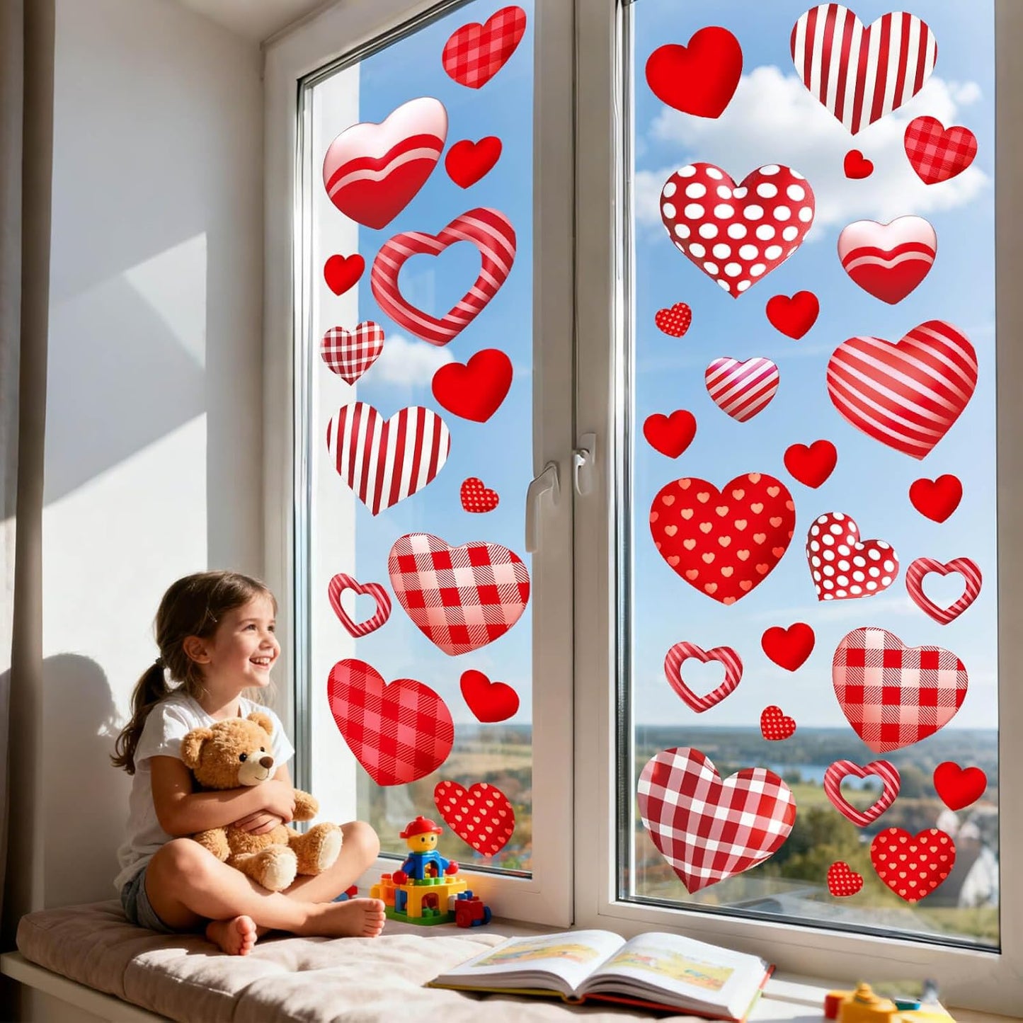 9 Sheets Valentines Day Window Clings Decor, Cute Heart Stickers for Galentines Day Decorations, Decals for Home Office Glass Windows