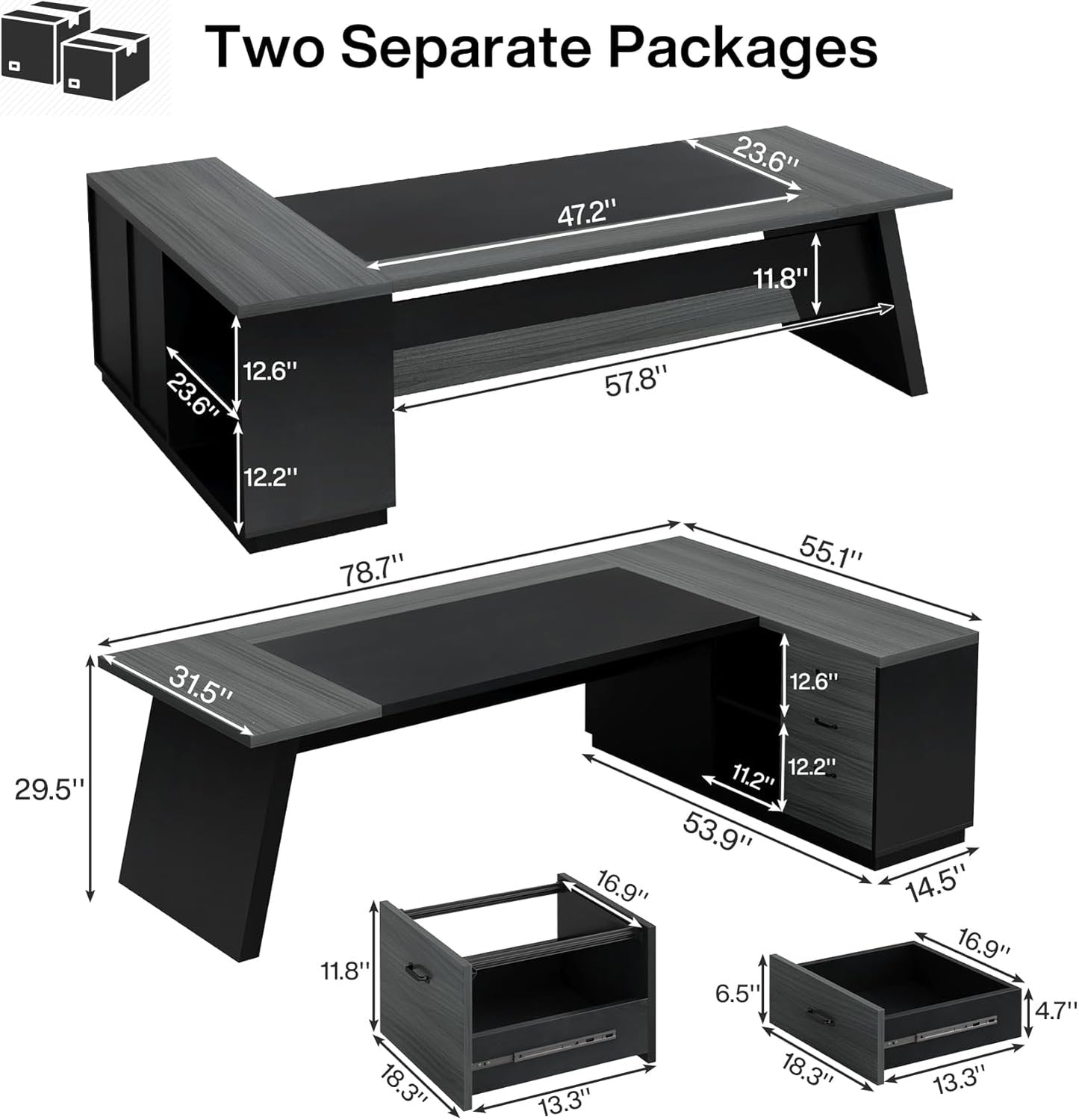 Tribesigns 78" L-Shaped Executive Desk, Large Modern Office Desk with Drawers and Lateral File Cabinet, Business Furniture with Storage Shelves, Big Computer Desk for Home Office (Grey + Blcak)