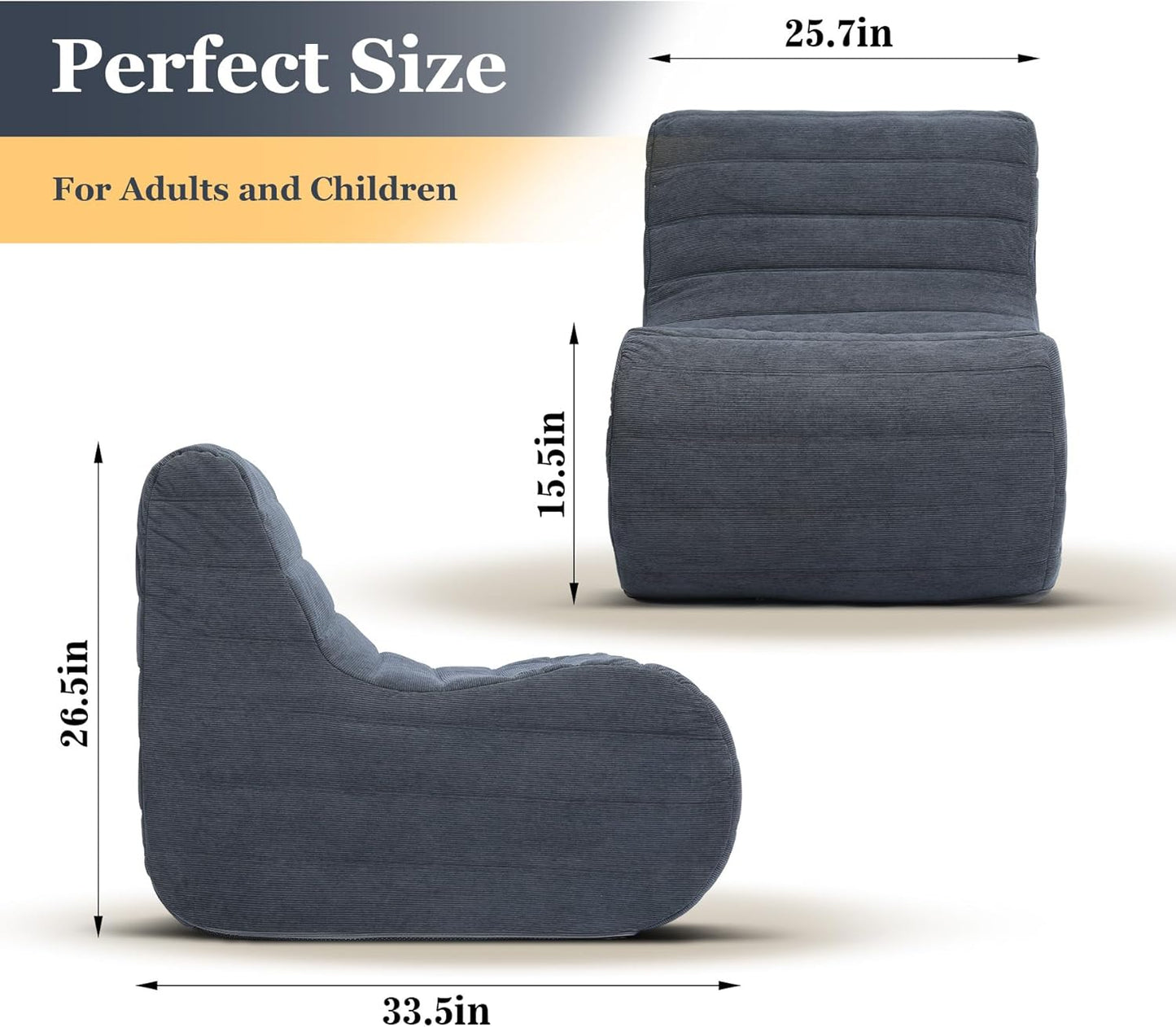 Bean Bag Chair, Fireside Bean Bags Lazy Sofa Sack, Big Beanbag Chair Floor Couch, Memory Foam Lounge Chair for Bedroom, Living Room, Office and Home (Gray)