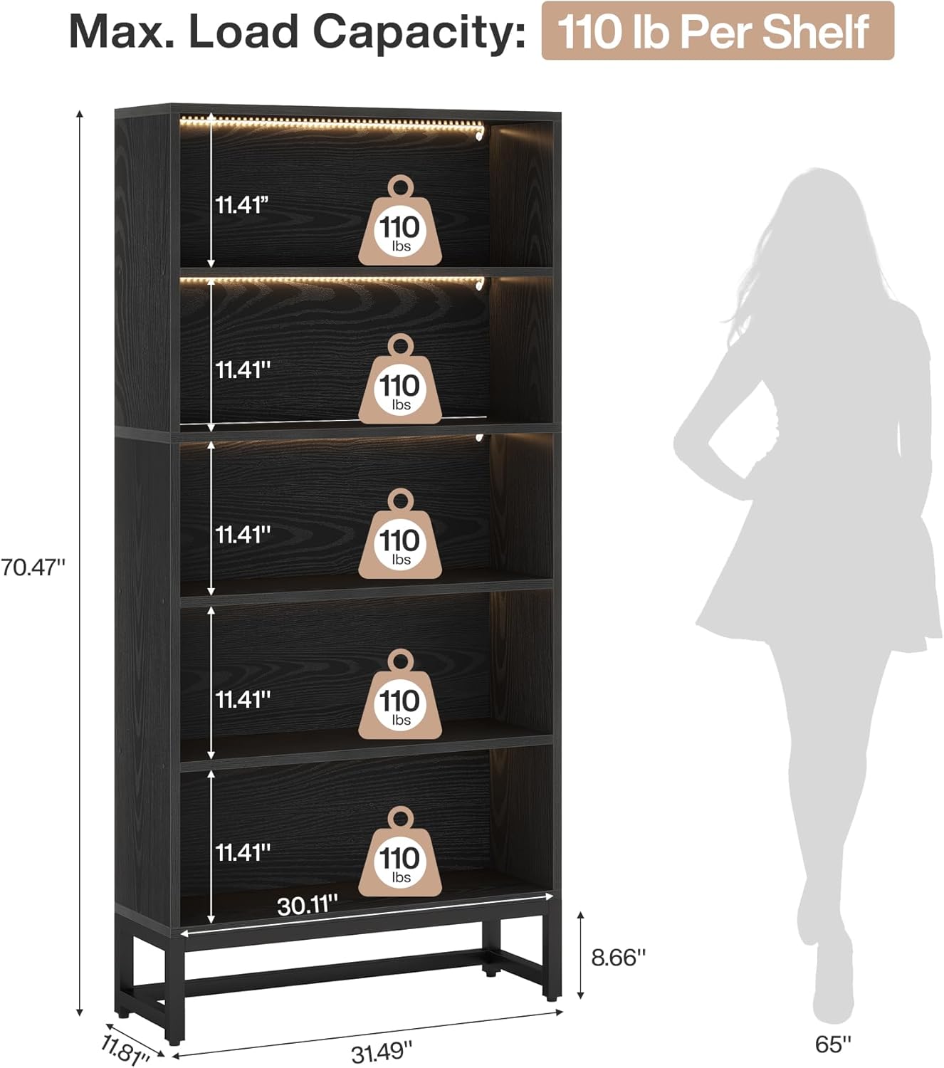 Tribesigns Tall Bookcase Black Bookshelf, 70.8” Large Bookcases Organizer with LED Lights, Heavy Duty Free-Standing Library Bookshelf with 5-Tier Storage Shelves for Living Room, Bedroom (Black)