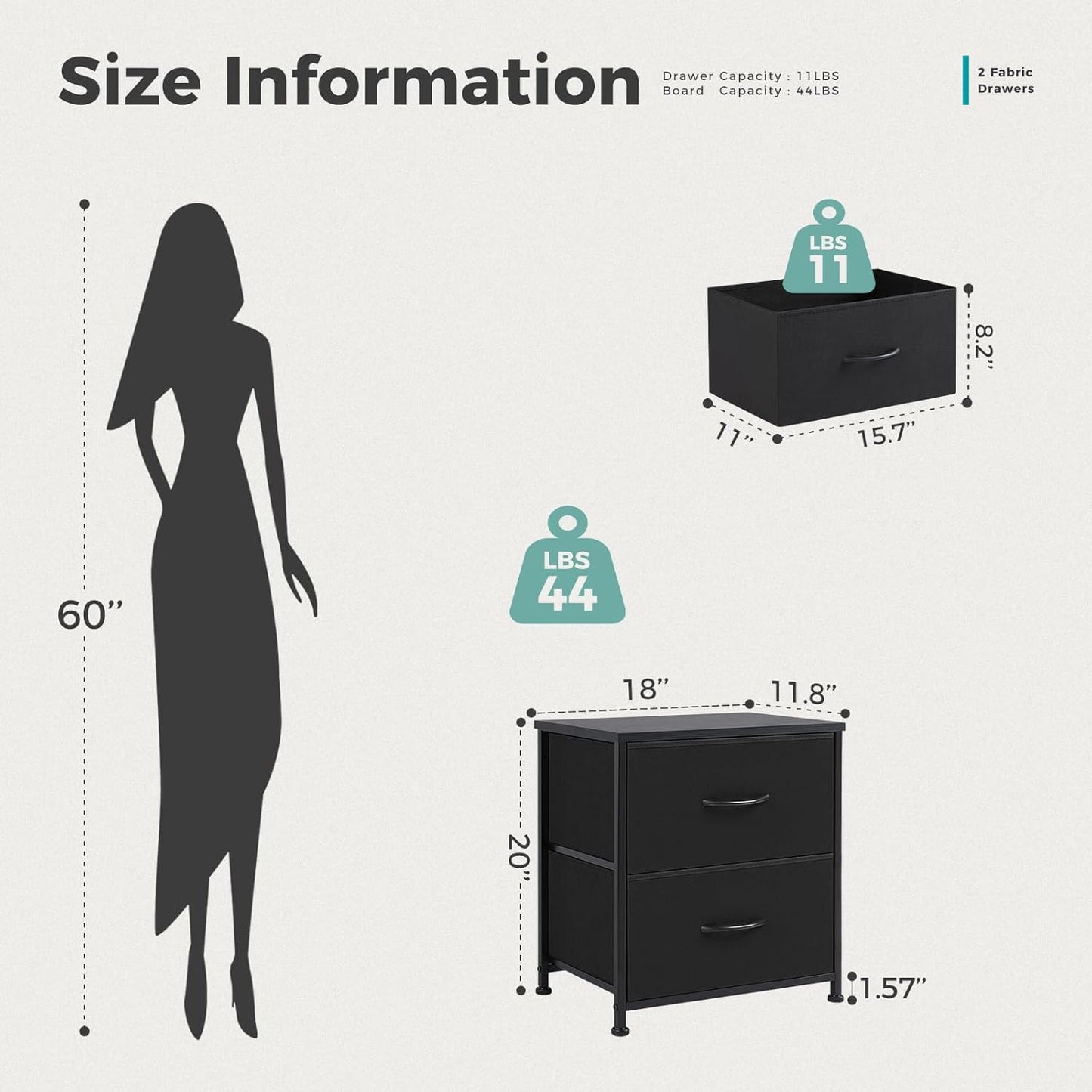 DUMOS Nightstand Small Dresser with 2 Fabric Drawers Side Tables Bedroom End Table Bedside Storage Furniture for 20 inch Tall Night Stand for Entryway, College Dorm, Classic Black