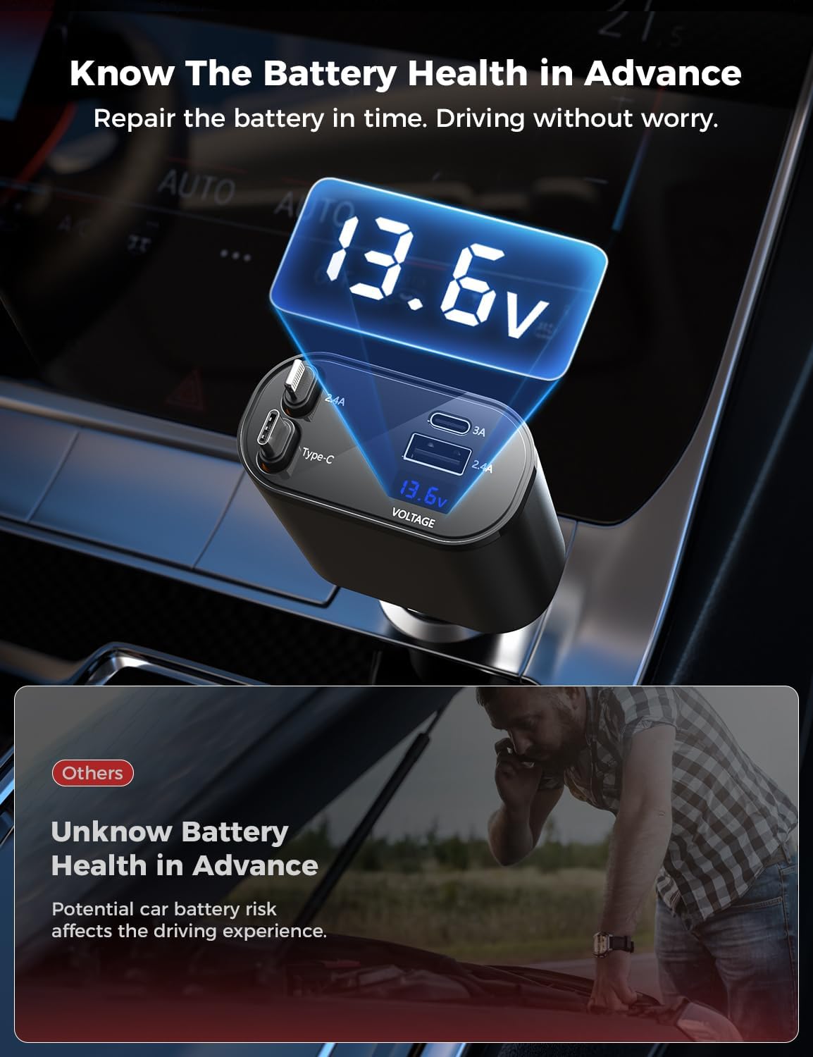 SUPERONE Retractable Car Charger for iPhone with Dual Type C Cables, 4 in 1 USB C Car Charger Adapter with PD 60W Fast Charging Compatible with iPhone 17 16 15 14 13 12 11 Pro/XS/XR/SE/iPad/Airpods