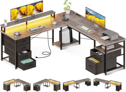 AODK 66" L Shaped Desk, 113" Computer Desk with File Cabinet & 4 Fabric Drawers, Home Office Desk with Monitor Shelf & Power Outlet, Two Person Desk or Corner Desk, Gaming Table with LED Light, Grey