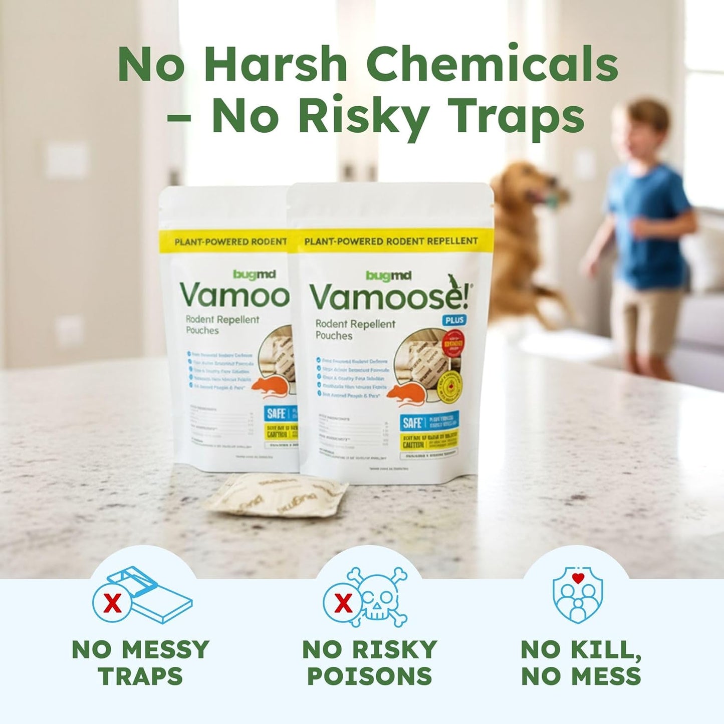 BugMD Vamoose! Plus Peppermint Oil Mouse Repellent Pouches | Natural Mice Repellent Indoor & Rat Deterrent for House, Garage, RV, Car & Storage | Plant-Powered Rodent Control - 1 Pack - 4 Pouches