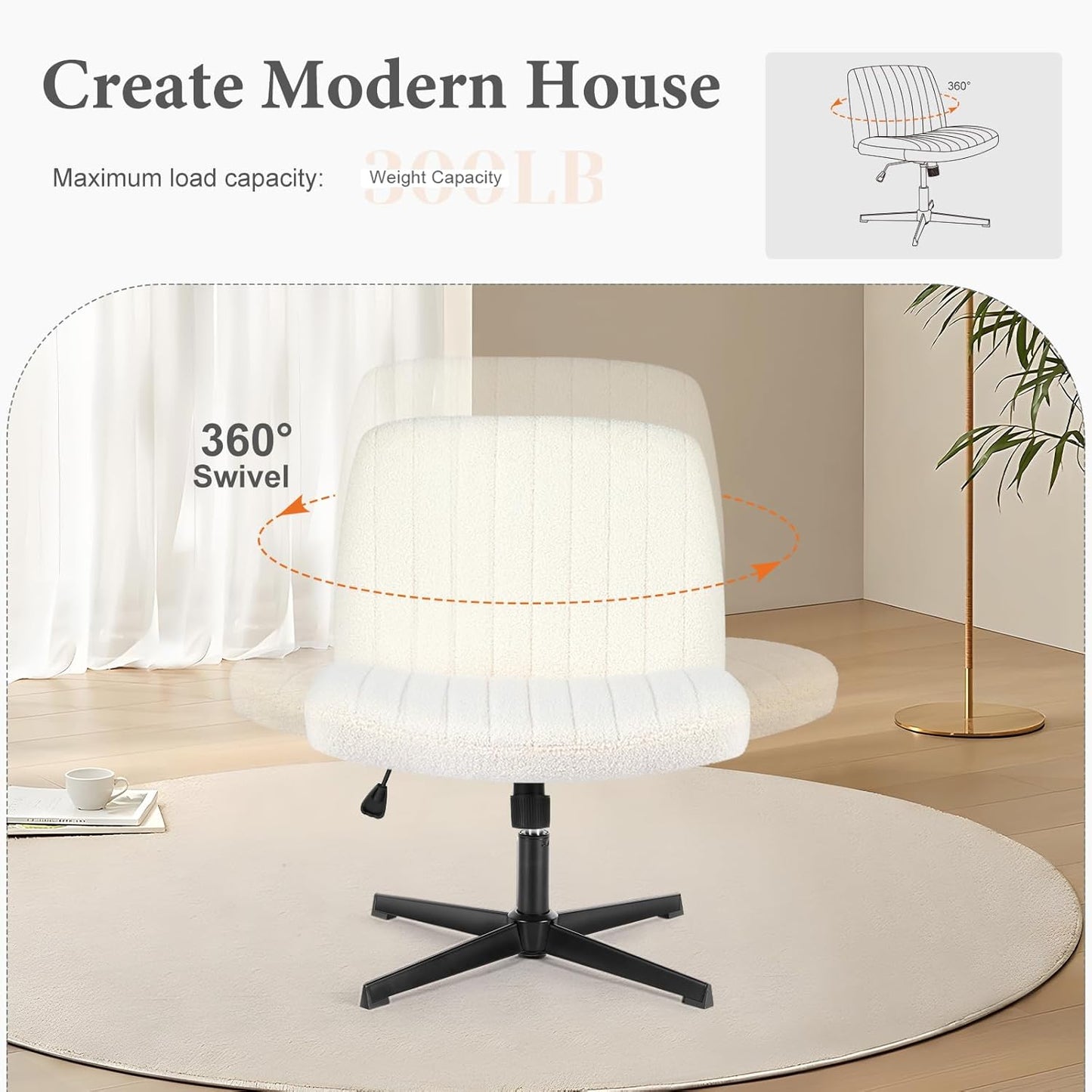 Sweetcrispy Criss Cross Chair Legged, Armless Office Swivel Desk Chair No Wheels, Vanity Height Adjustable Wide Seat Computer Task Seating - Teddy Cream