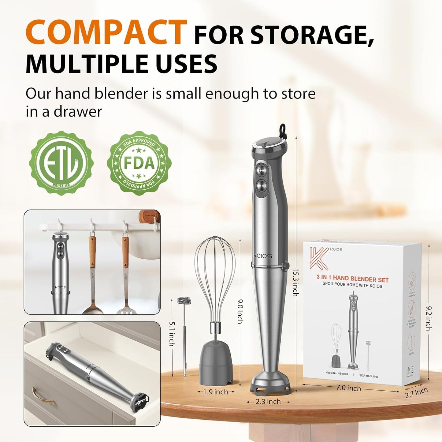 KOIOS Immersion Blender, 1000W Anti-scratch 3-in-1 Hand Blender, Upgraded 12 Speed Stainless Steel Blade Stick Blenders with Turbo Mode, Whisk and Milk Frother, Non-BPA