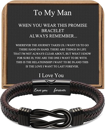 𝗞𝗻𝗼𝘁 𝗕𝗿𝗮𝗰𝗲𝗹𝗲𝘁 𝗚𝗶𝗳𝘁𝘀 𝗳𝗼𝗿 𝗠𝗲𝗻 Brown Braided Leather Stainless Steel Infinity Bracelets Lettering Love You Forever Gifts for Son Grandson Husband Boyfriend Brother Always Linked Together