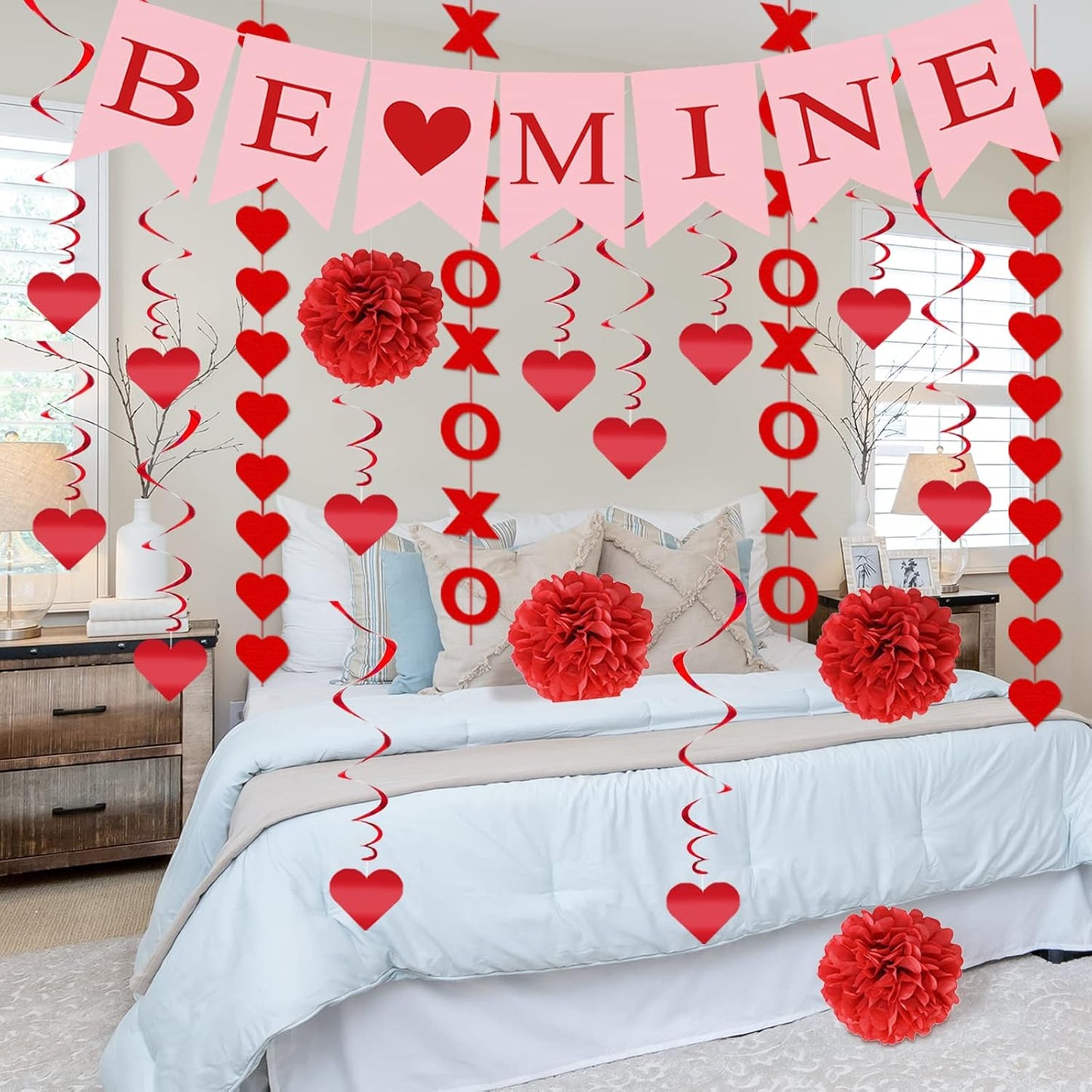 21Pcs Valentines Day Decorations Valentines Day Decor Pre-Assembled Hanging Heart Swirls BE Mine Love Heart XO Garlands Banner for Home Classroom Office Wedding Party