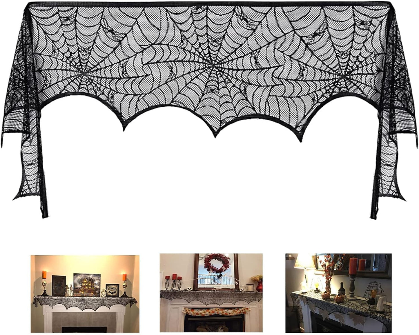 Halloween Fireplace Mantle Decorations, Black Lace Spiderweb Fireplace Mantel Scarf Cover Garland for Festive Party Supplies Decor 18 x 98 inch (Black)