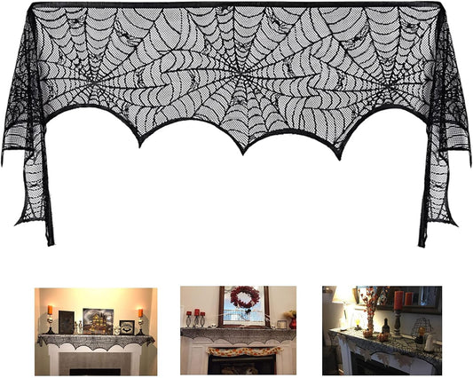 Halloween Fireplace Mantle Decorations, Black Lace Spiderweb Fireplace Mantel Scarf Cover Garland for Festive Party Supplies Decor 18 x 98 inch (Black)