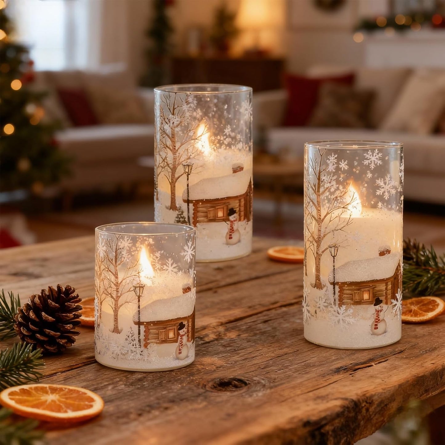 DRomance Snowman Glass Flameless Candles Battery Operated with Remote and Timer Real Wax LED Flickering Pillar Candles White Cold Light Window Christmas Holiday Decor D3 x 4",5",6"