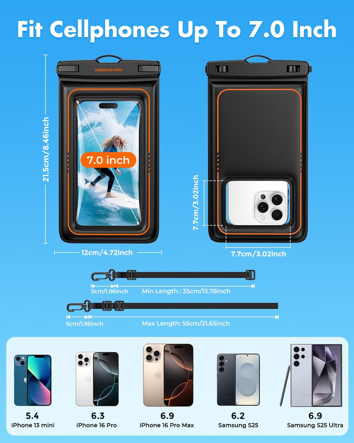 UNBREAKcable Floating Waterproof Phone Pouch 2 Pack, IPX8 Waterproof Phone Case Dry Bag Kayak/Beach/Cruise Travel Essentials, Water Proof Pouch for iPhone 16 15 Pro Max, Samsung S25 Ultra S24 S23-7"