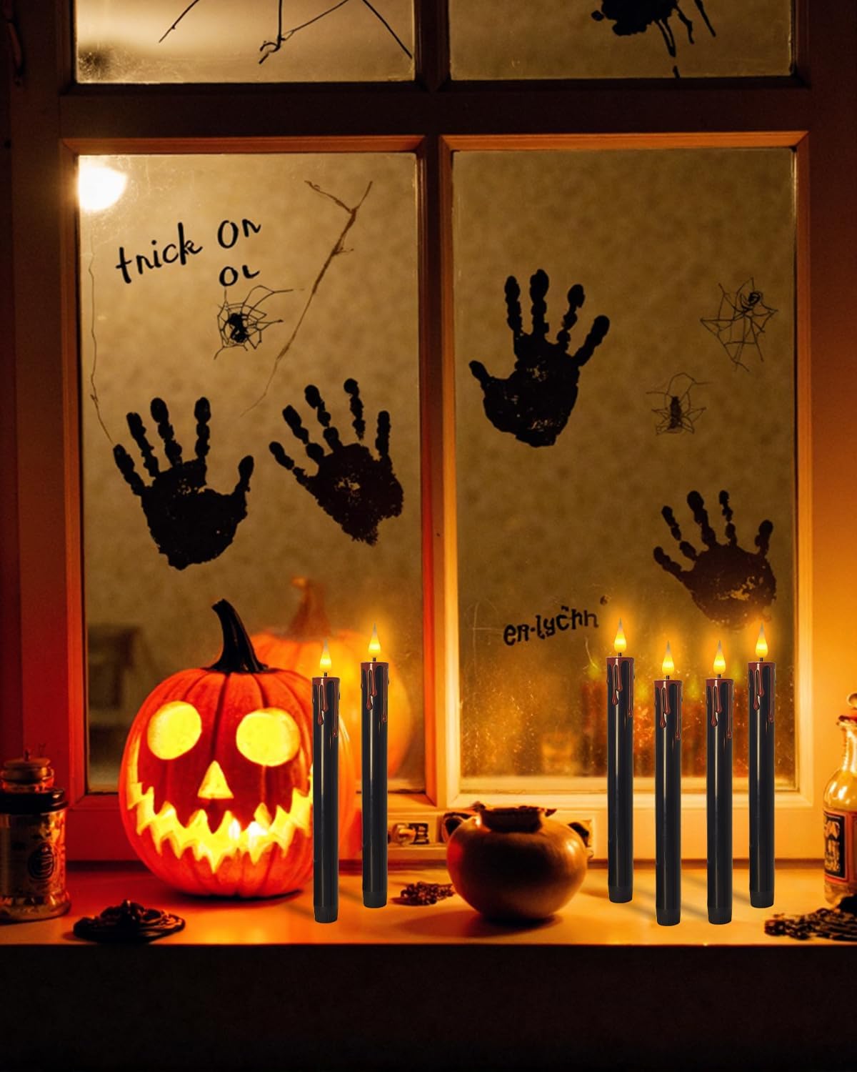 Flameless Bleeding Candles – 6 Pack, Black LED Taper Candles with Red Dripping Wax Effect, 0.8 x 9.9 Inches, Includes 2 Remotes – Creepy Halloween Decor for Haunted Houses & Horror Parties