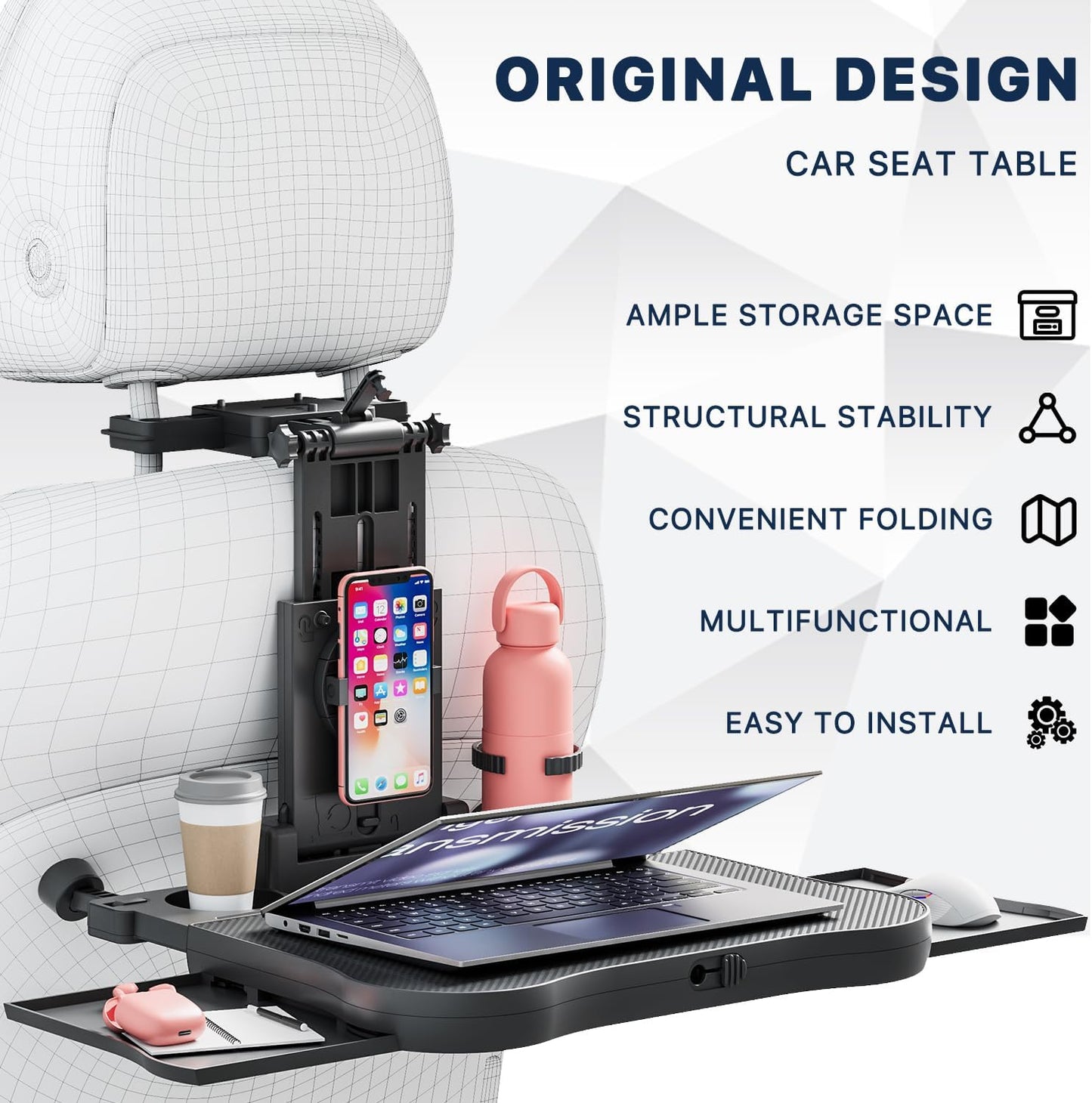 Car Back Seat Tray Table, Stable Foldable Auto Backseat Food Trays Desk for Rear Passenger Road Trip Eating & Work, Multifunctional Adjustable Travel Tray with Phone Drink Holder for Laptop iPad