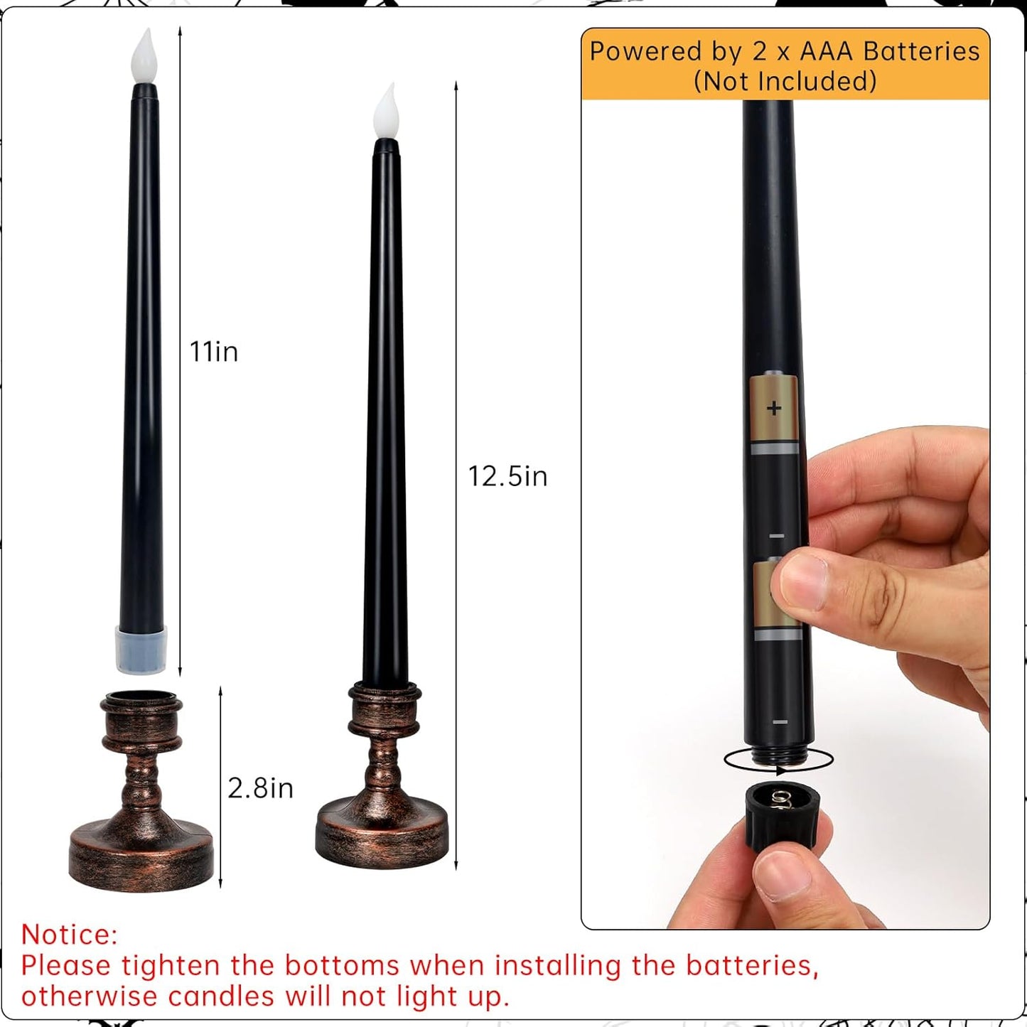 YUNVI Sets of 8 Black Halloween Candles,Flameless Taper Candles with Base,LEDs Candlesticks,Plastic Flickering Flameless Candles for Halloween Fireplace