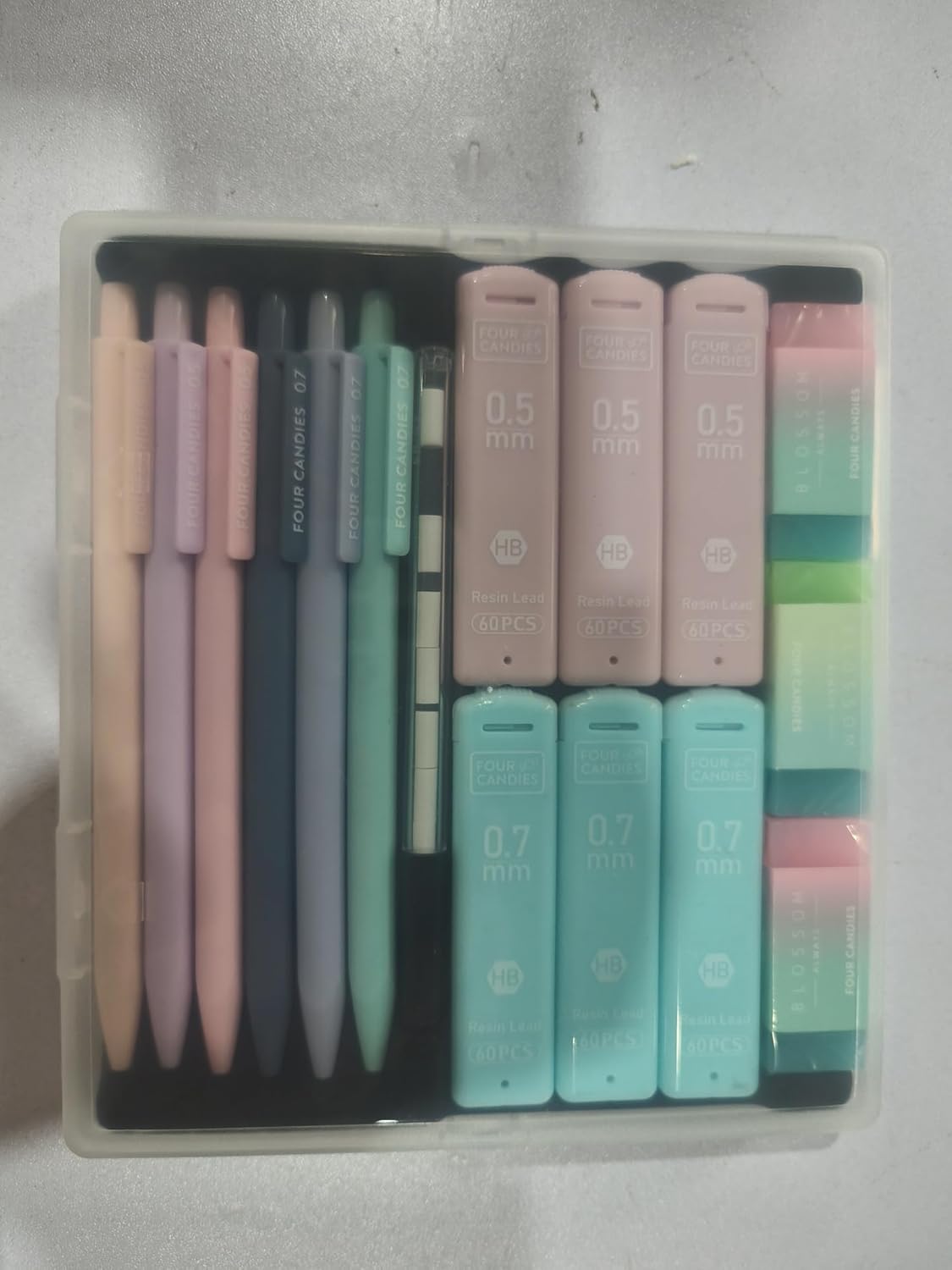 Four Candies Cute Mechanical Pencil Set, 6PCS Pastel Mechanical Pencils 0.5 & 0.7mm with 360PCS HB Leads, 3PCS Erasers and 9PCS Eraser Refills, Aesthetic School Supplies for Girls Writing