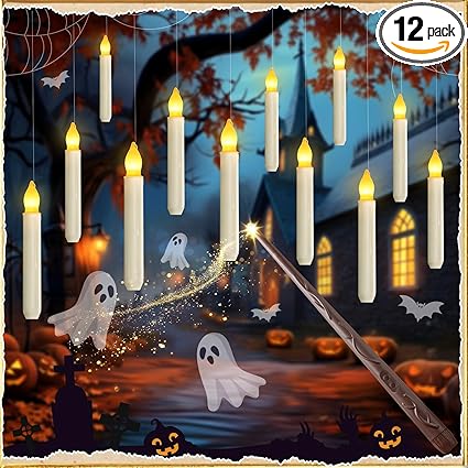 Homemory Floating Candle with Wand Remote, 12 Pcs Magical Candlesticks Witch Decors, Warm Yellow Flameless Taper Candles Battery Operated, LED Window Candle for Halloween Party Decor