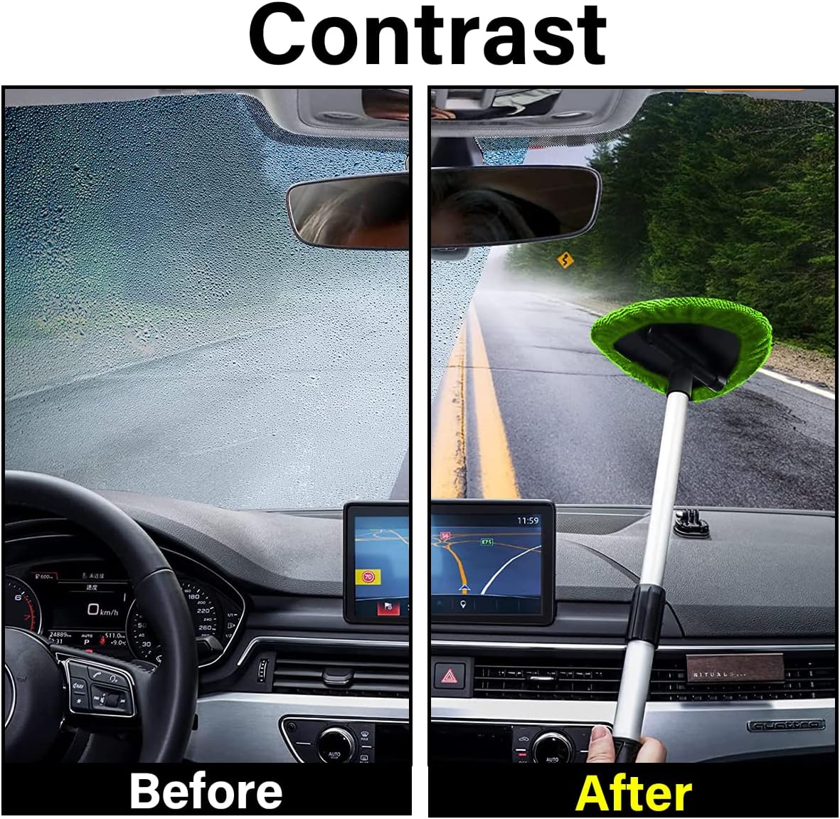 Windshield Cleaning Tool, Car Window Cleaner with 4 Washable Reusable Microfiber Pads, Extendable Long Handle Glass Wiper Cleaning Kit, Auto Accessories Universal for Office and Home (Green)