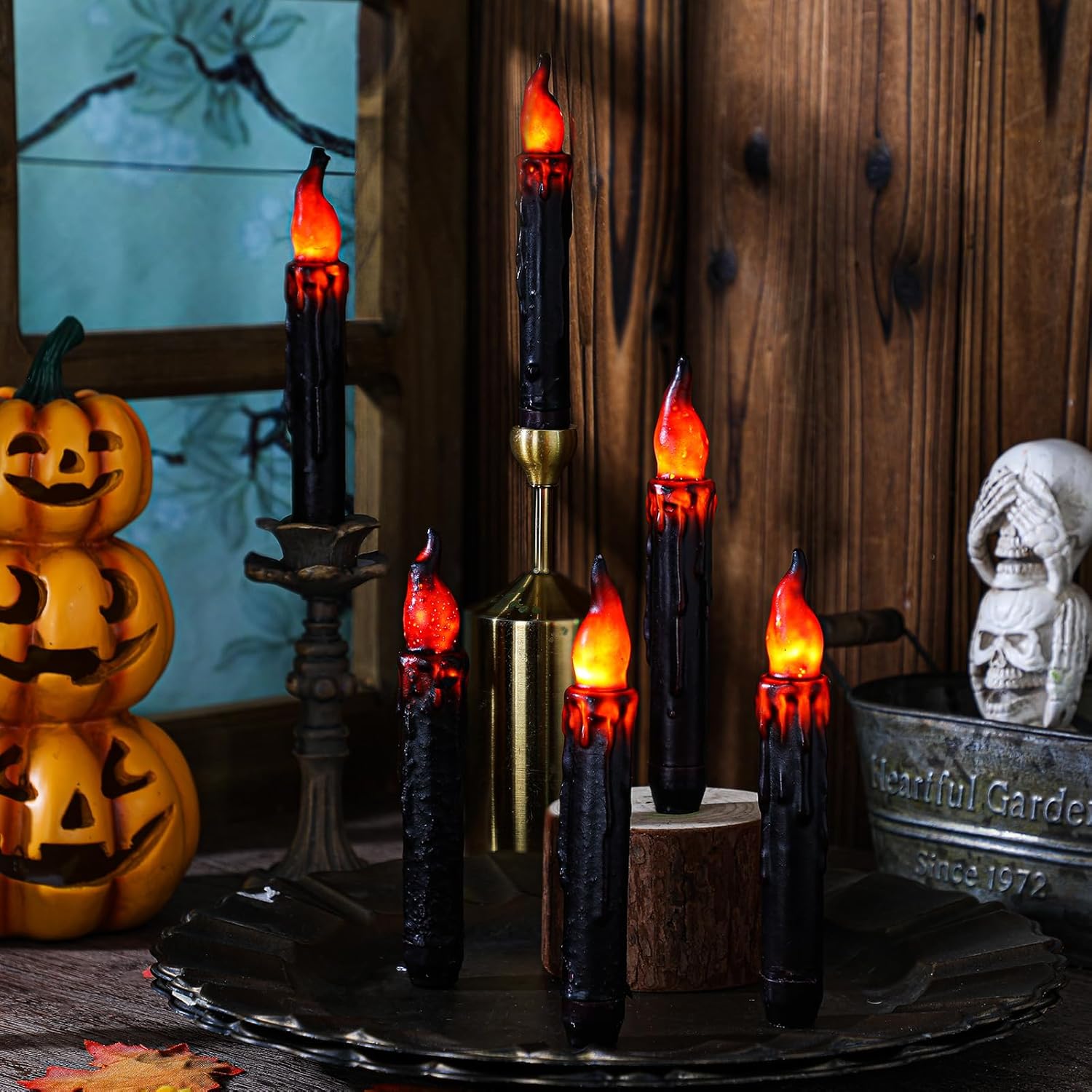Baquler 6 Pcs Halloween Flameless Candles Real Wax Hand Dipped 6.5 Inch Black Short Taper Candles Battery Operated Rustic LED Candlesticks for Halloween Decoration Fireplace Dinning Table Home Party