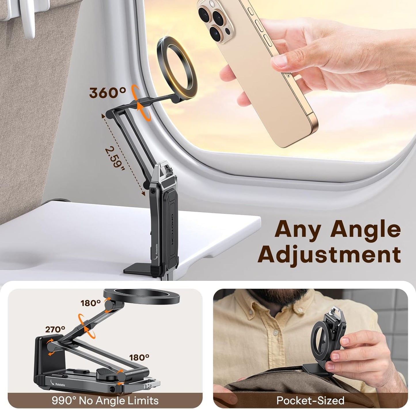 OMOTON 360°Rotating for MagSafe Tripod Mount, Adjustable Aluminum Magnetic Phone Tripod for iPhone 17/16/15/14 Pro Max Air, Foldable Cell Phone Stand Fits Vlog, Gym, Travel Essentials Accessories