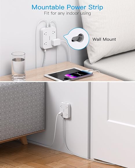 Flat Plug Extension Cord, HANYCONY 5ft Power Strip with 4 USB Ports(2 USB C), 4 Widely Outlets Extender, Wall Mount, Desk Charging Station for Office School Travel Dorm Room Essentials, ETL Listed
