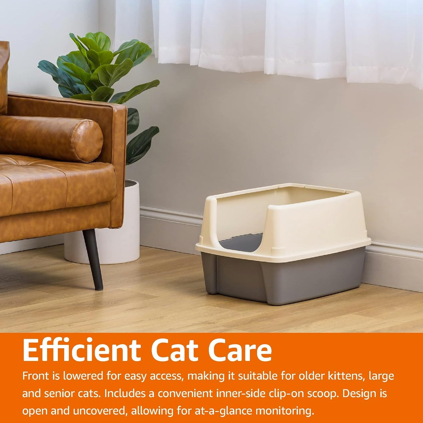 Basics Large Cat Litter Box with High Sides, Open Top, Includes Scoop, 19 x 15 x 11.75 inches, Grey/Beige