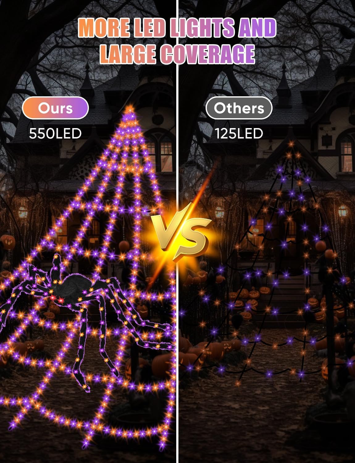 Spider Webs Halloween Decorations Lights - 550 LEDs Outdoor Giant Halloween Decor Lights with16.4ft,4ft Spider,8 Modes,Waterproof&Timer for Yard Porch Garden,Outside Party (with Spider)