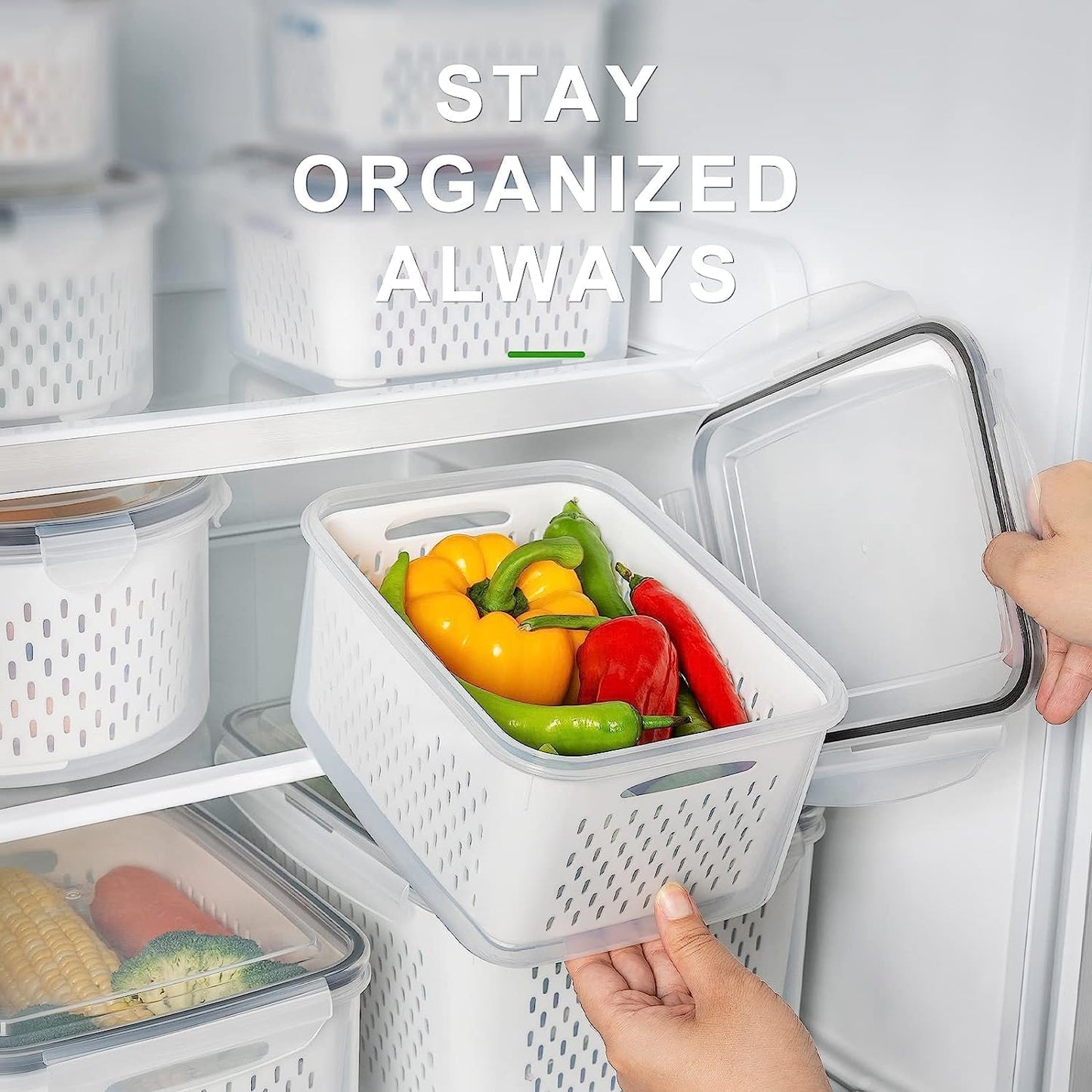 Freshmage Fruit Storage Containers for Fridge with Removable Colander, Airtight Food Storage Container, Dishwasher Safe Produce Saver Container for Refrigerator, Keep Berry Fruit Fresh 4 pcs Small