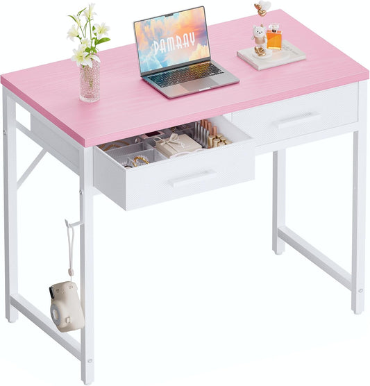 Pamray 32 Inch Small Computer Desk with 2 Drawers for Bedroom Study Writing Home Office Table for Small Spaces Pink